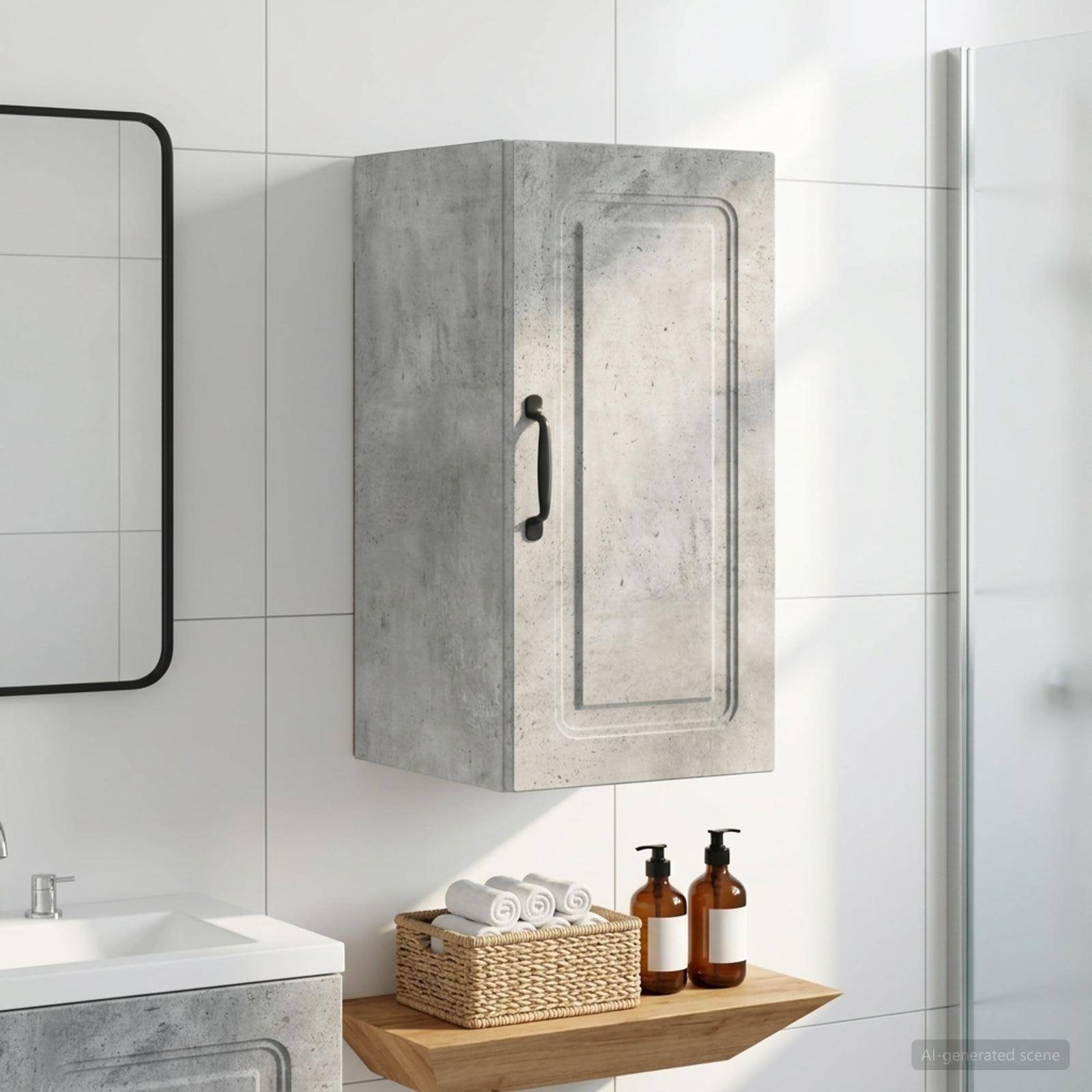 Betonwandschrank über einem Badezimmerbecken mit gewebtem Handtuchkorb und Seifenflaschen in einem modernen gefliesten Badezimmer.