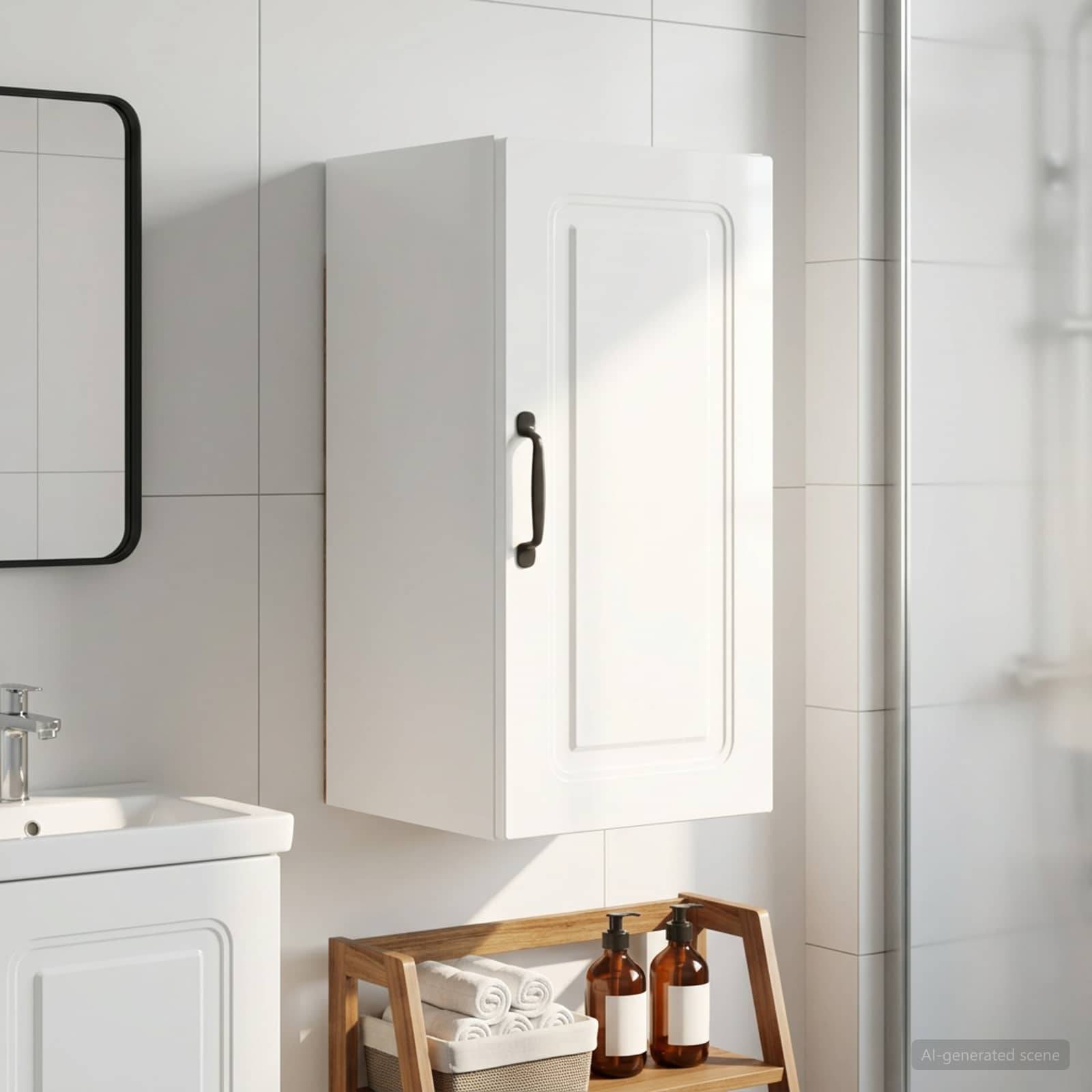 Weißer an der Wand montierter Badezimmerschrank mit schwarzem Griff über einem Handtuchregal aus Holz, das gefaltete Handtücher und Bernsteinflaschen neben einem Waschbecken und einer Dusche hält.
