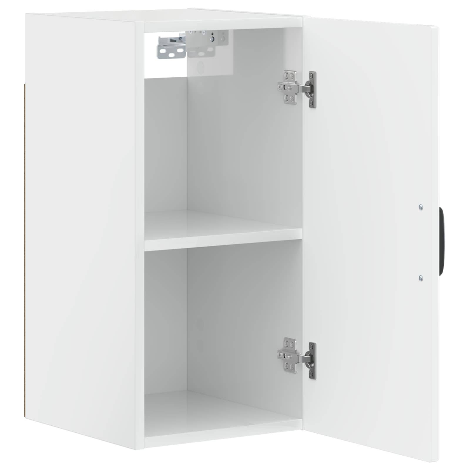 Weißes Wandschrank mit offener rechter Tür, zwei innenliegenden Regalen und schwarzem Griff, dargestellt in einer einfachen Produktansicht.