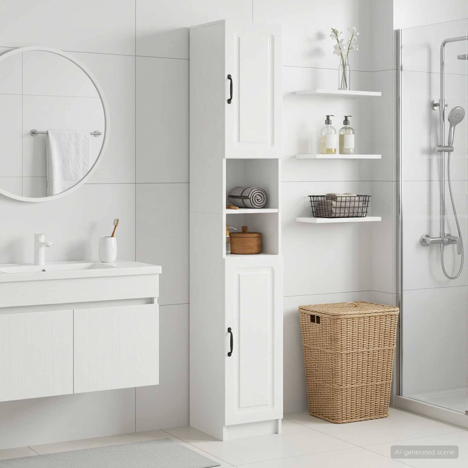 Modernes weißes Badezimmer mit Waschtisch, rundem Spiegel, Wandschrank, Regalen, Dusche und Weidenkorb für Wäsche.