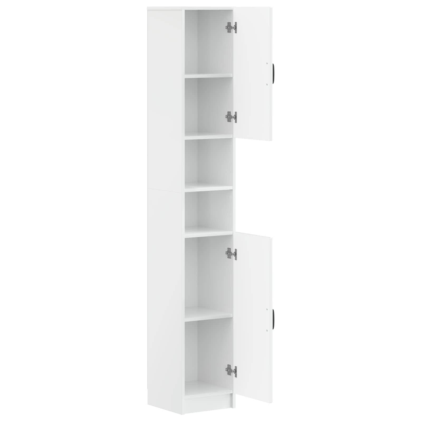 Weiß hohes Lagerschrank mit zwei offenen Türen, mehrere Innenregale und Fächer zeigend.