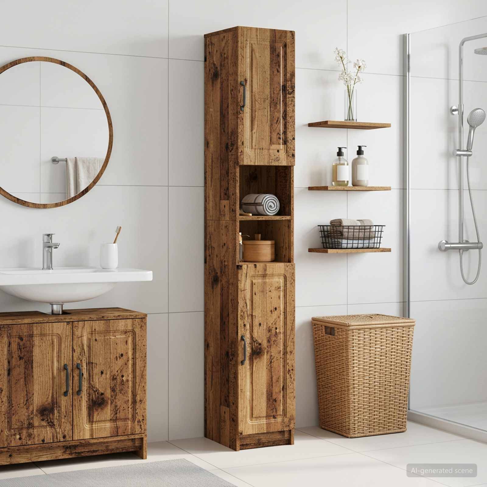 Rustikales Badezimmer mit Holzwaschtisch, hohem Schrank, rundem Spiegel, Wandregalen, Weidenkorb und gläserner Duschkabine.