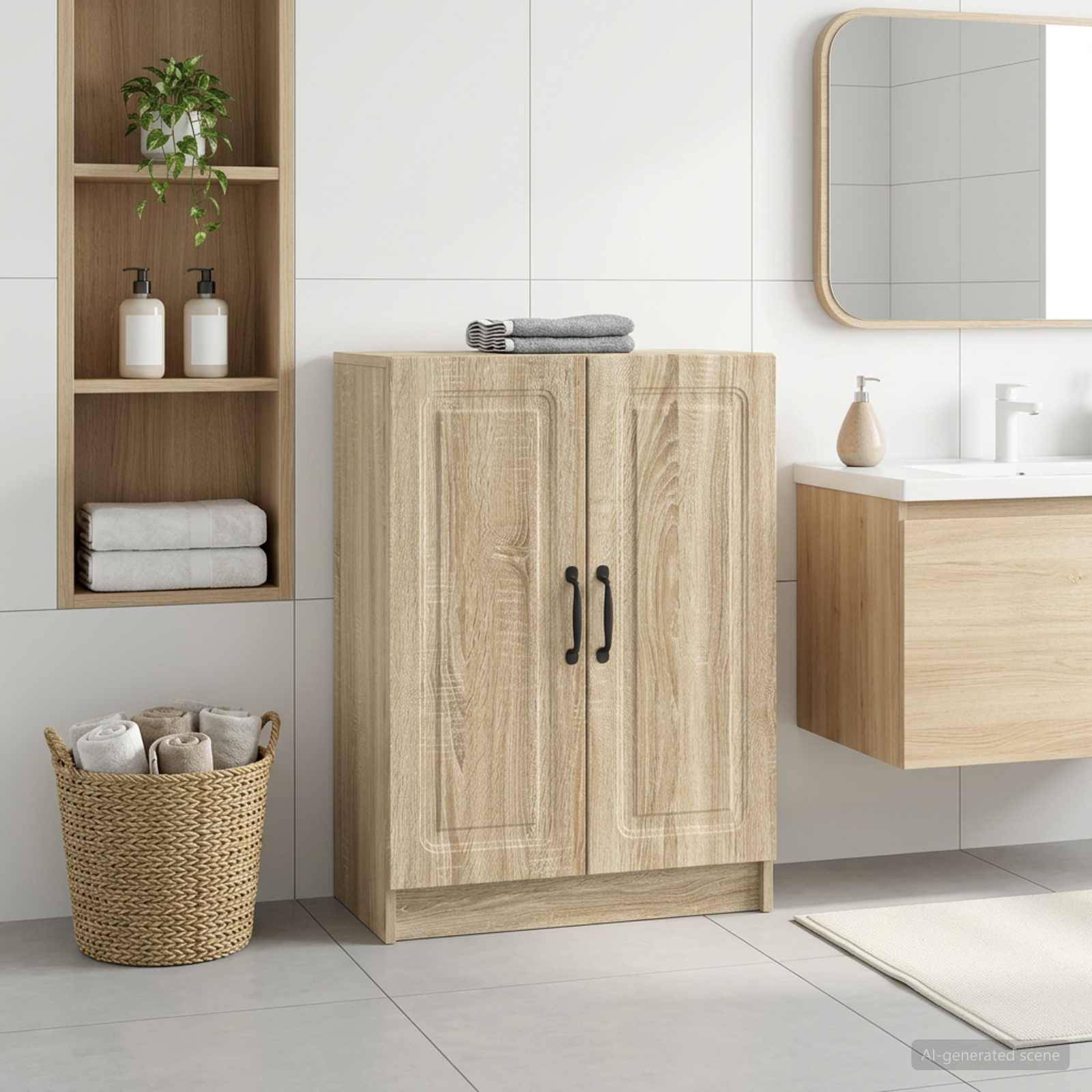 Modernes Badezimmerinterieur mit einem Schrank aus hellem Holz, Wandregal, Waschtischunterschrank und Spiegel, sowie Handtüchern und einem geflochtenen Aufbewahrungskorb.