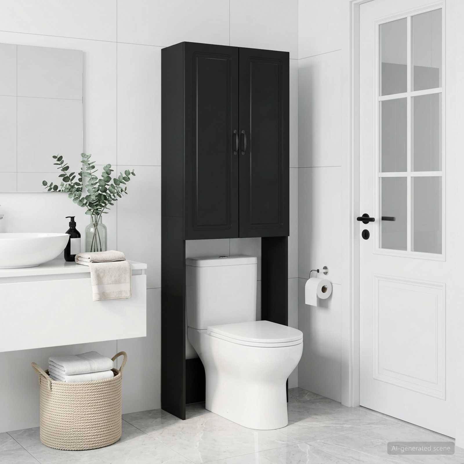 Modernes weißes Badezimmer mit einer in einen hohen schwarzen Schrank integrierten Toilette neben einem Waschbecken, einem Wäschekorb und einer Tür.