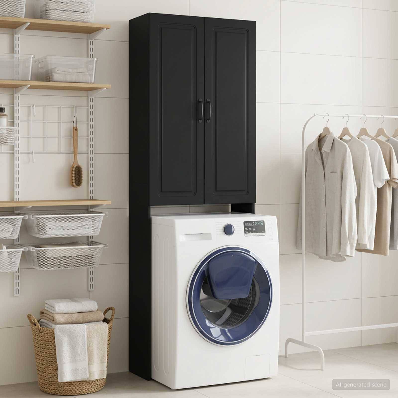 Waschküche mit einer weißen Frontladewaschmaschine unter einem schwarzen Wandschrank, Regalen mit Aufbewahrungskörben und einem Kleiderstänger mit hängender Kleidung.