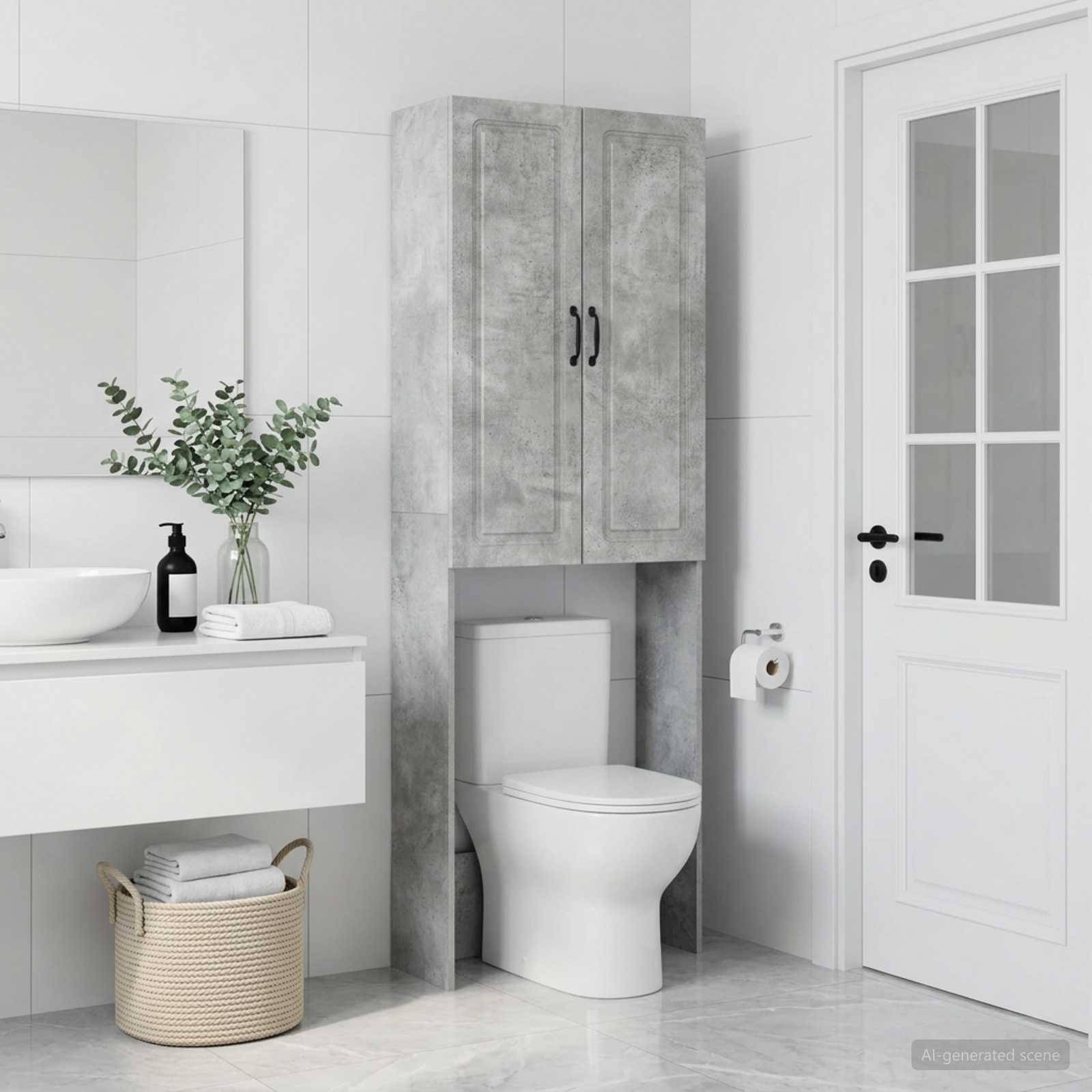 Modernes weißes Badezimmer mit Toilette unter grauem Wandschrank, schwebendem Waschbecken, Spiegel, Korbflechtkorb und Glaspaneel-Tür.