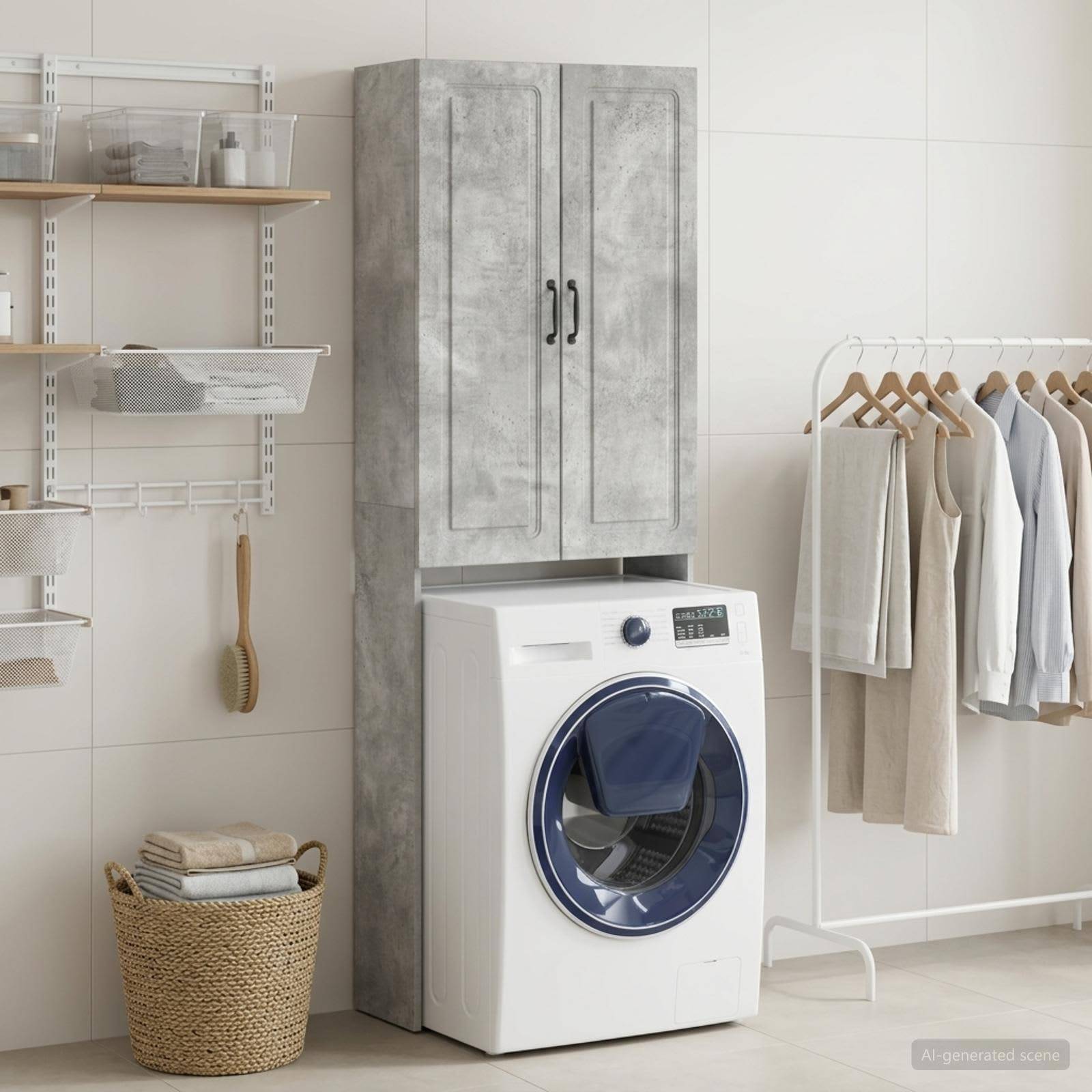 Kompaktes Wäschezimmer mit einer frontbefüllten Waschmaschine unter einem hohen Schrank, offenen Regalen auf der linken Seite und einem Kleiderständer mit hängender Kleidung auf der rechten Seite.