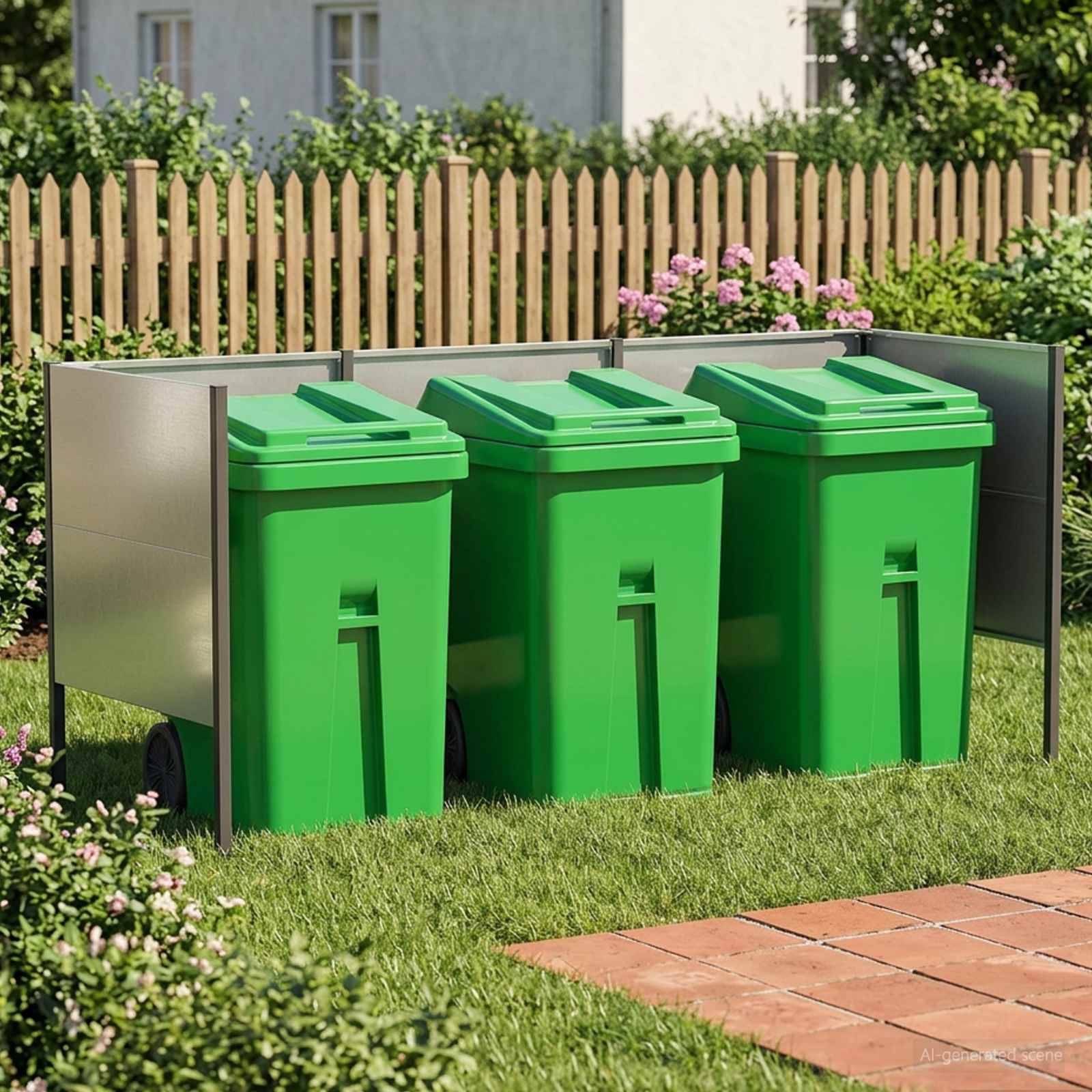 Drei grüne Mülltonnen mit Rädern, die in einem Metallgehäuse im Freien auf einem Rasen neben einem Gartenzaun und einer Terrasse gelagert werden.