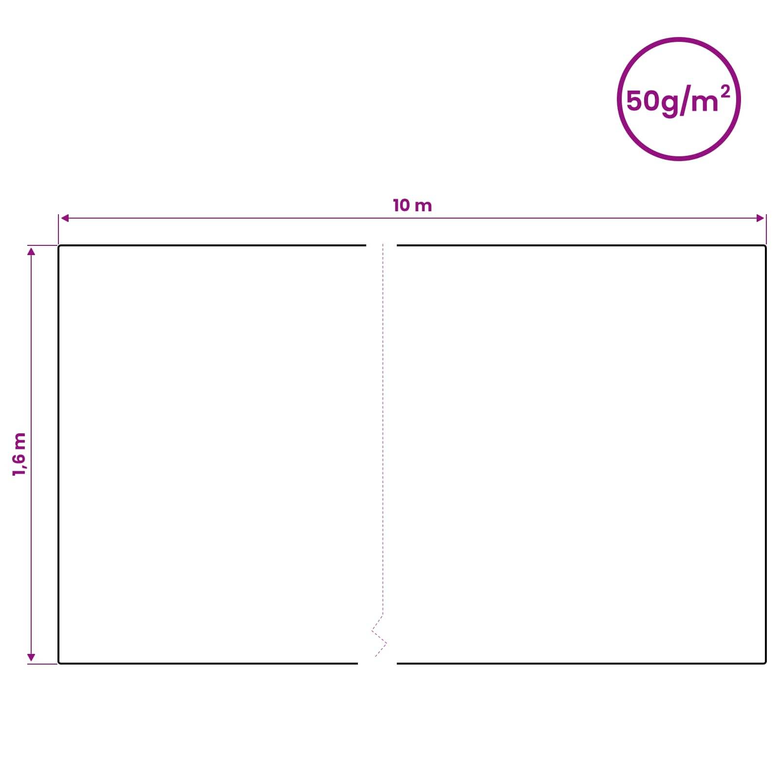 Diagramm eines 10 m × 1,6 m großen rechteckigen Banners mit einer zentralen vertikalen Faltlinie und gekennzeichnetem Materialgewicht von „50g/m²