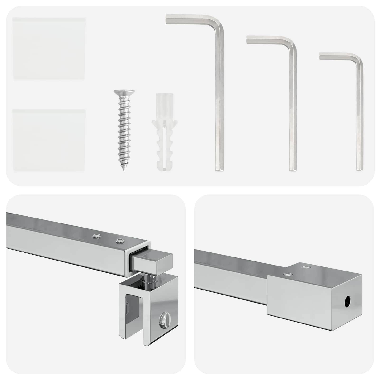 Metallglasgeländer-Halterungsset mit zwei Wandpads, Schraube, Anker und drei Innensechskantschlüsseln; Nahaufnahmen zeigen die montierte Klemmvorrichtung und Abdeckung auf einem quadratischen Geländer.