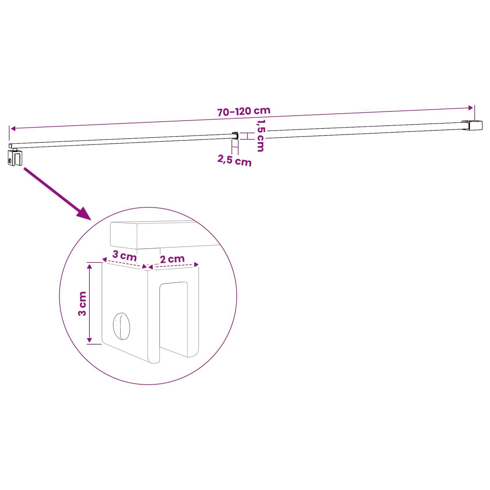 Diagramm einer Teleskopstange mit Abmessungen: verstellbare Länge 70-120 cm, kleine Klemmdetail in der Einfügung mit den Maßen 3 cm x 3 cm x 2 cm, mit Beschriftungen von 1,5 cm und 2,5 cm auf der Stange.