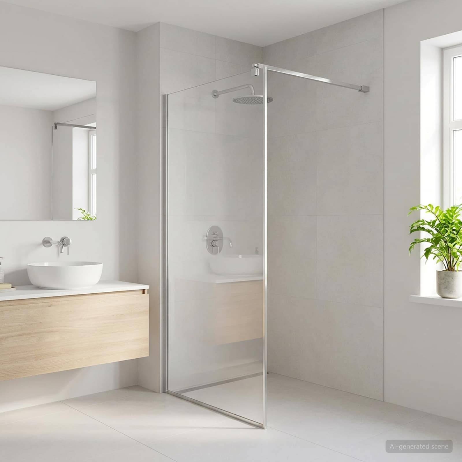 Minimalistisches modernes Badezimmer mit begehbarer Dusche, die von klarem Glas umschlossen ist, schwebendem Holzwaschtisch und einer Topfpflanze am Fenster.
