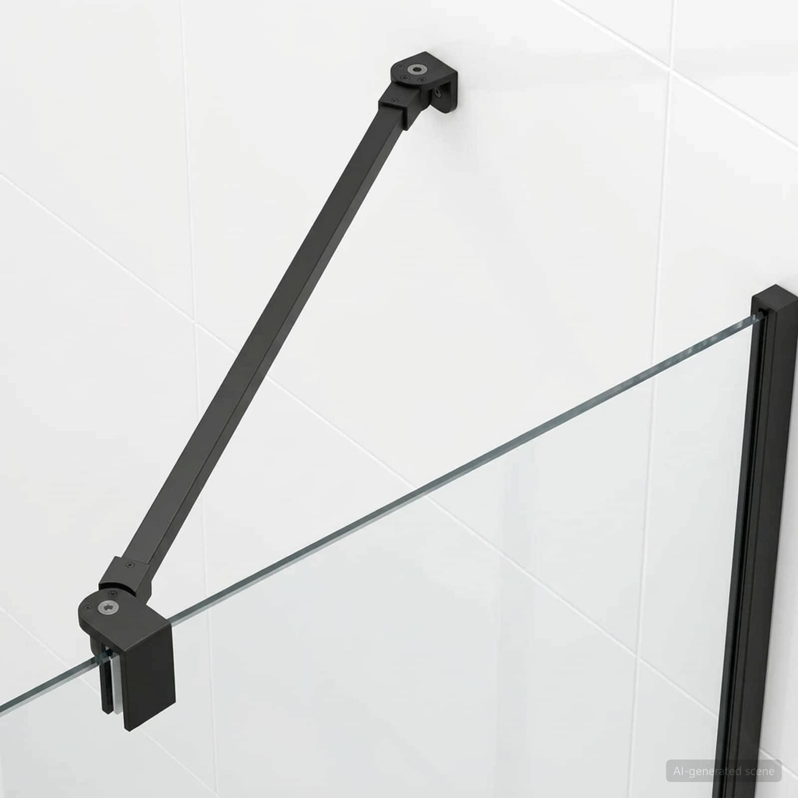 Schwarzer Metallwandarm mit Halterung stabilisiert ein Glaspanel oder Geländer an einer weiß gefliesten Wand.