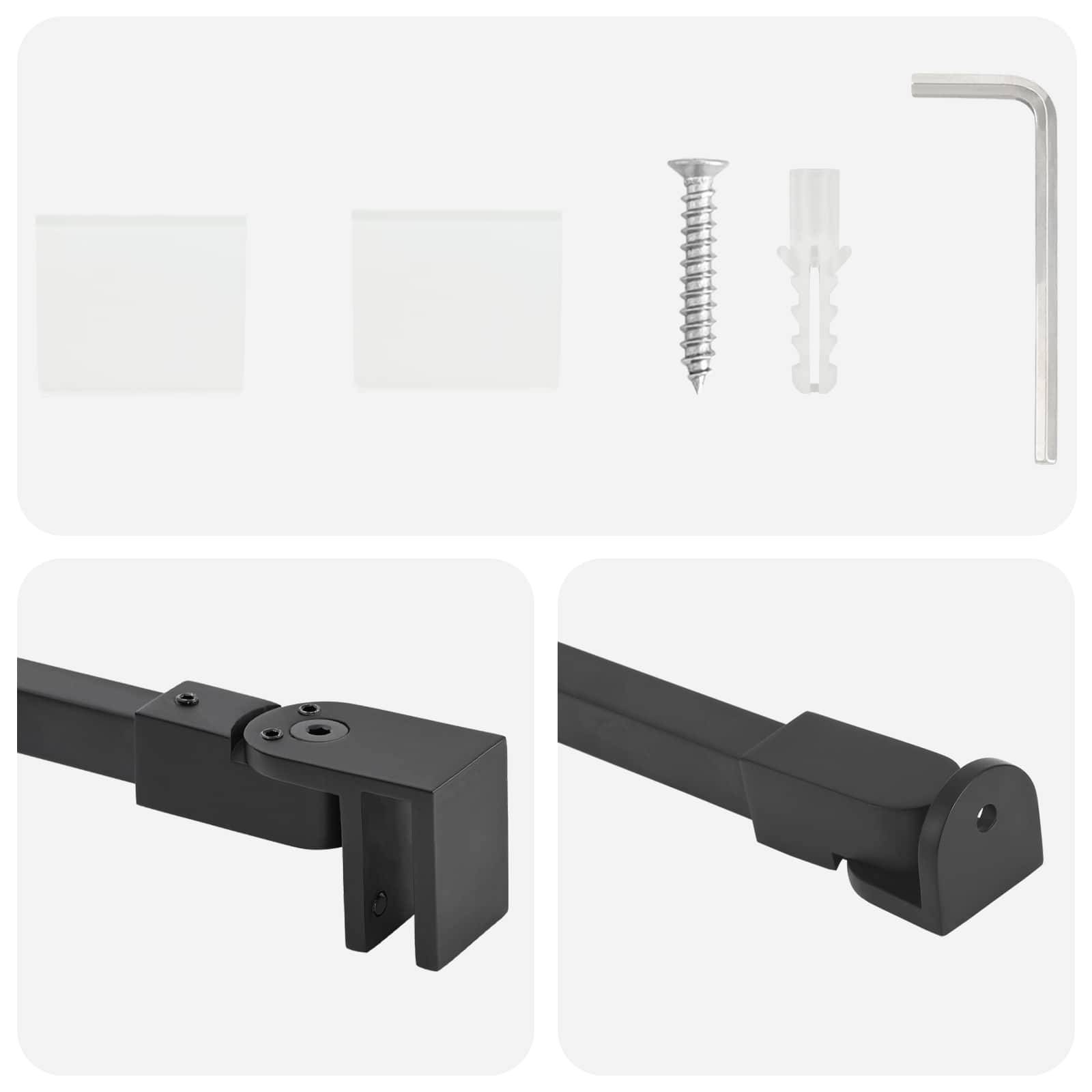 Schwarzes Metall-Treppengeländer-Set mit zwei quadratischen Befestigungen, einer Schraube, einer Wandverankerung und einem Inbusschlüssel, dargestellt in Nahaufnahmen.