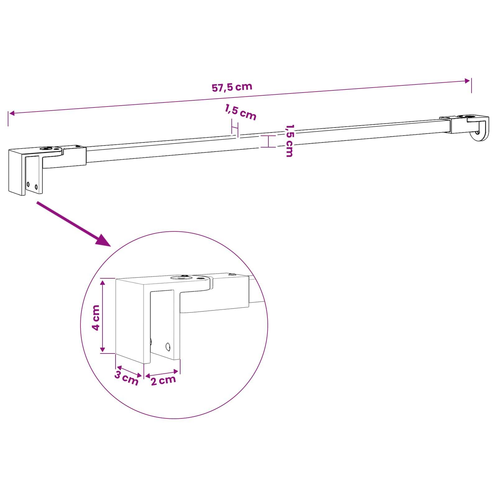 Technische Zeichnung einer wandgestützten Stabhalterung mit Abmessungen: 57,5 cm lang, 1,5 cm breit und hoch; Detailansicht zeigt Halterungsgröße 4 cm mal 3 cm mal 2 cm.