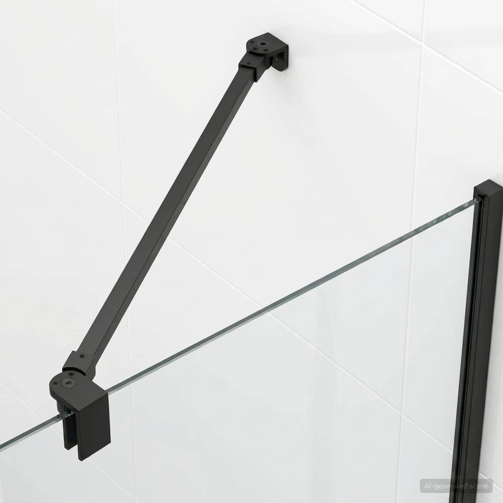 Glaspaneel für Geländer, gestützt durch eine schwarze Metalldiagonalstrebe und wandmontierte Befestigungselemente