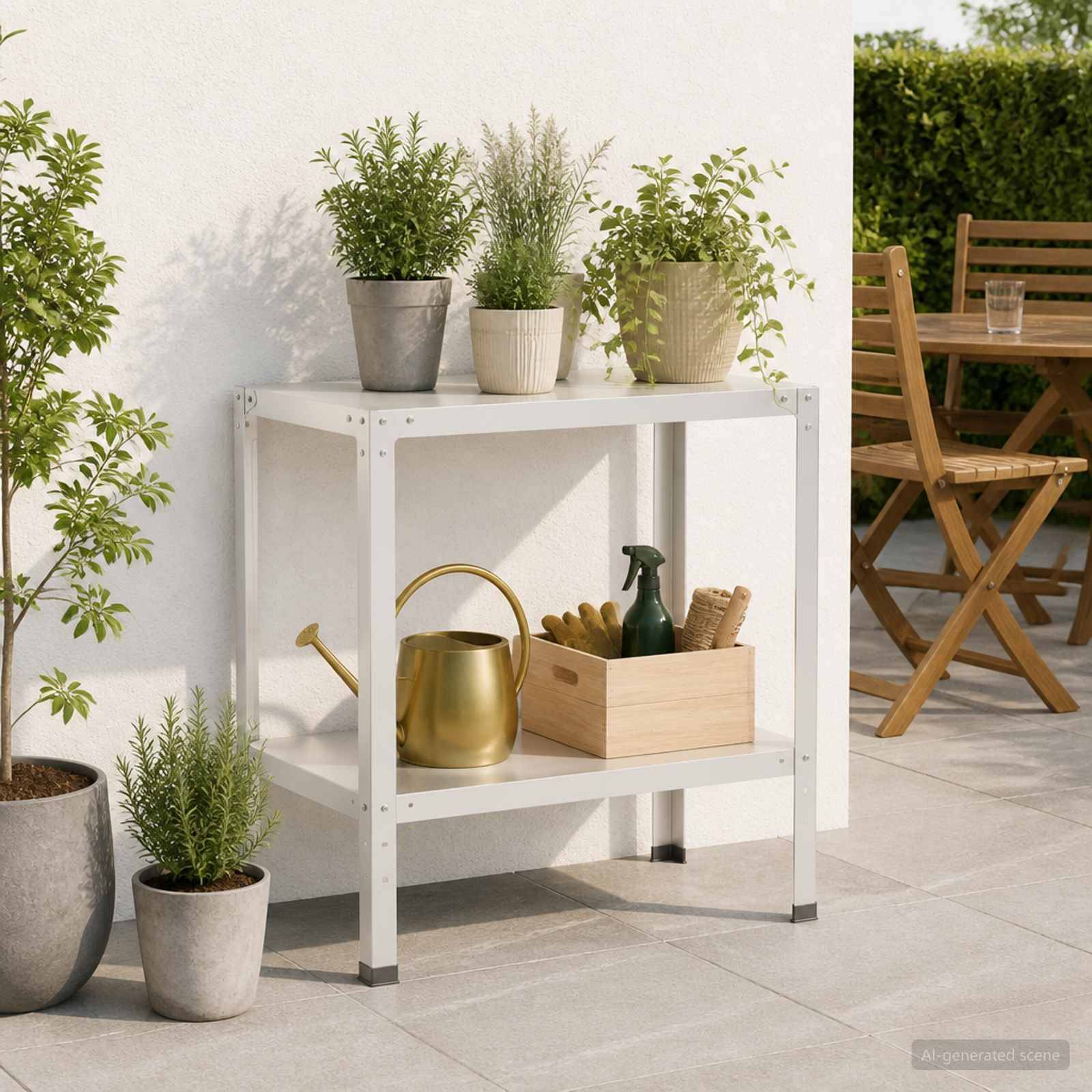 Weißes Patio-Regal mit Topfkräutern und Gartengeräten, neben einem hölzernen Außentisch und Stühlen in einer sonnigen Gartenecke.