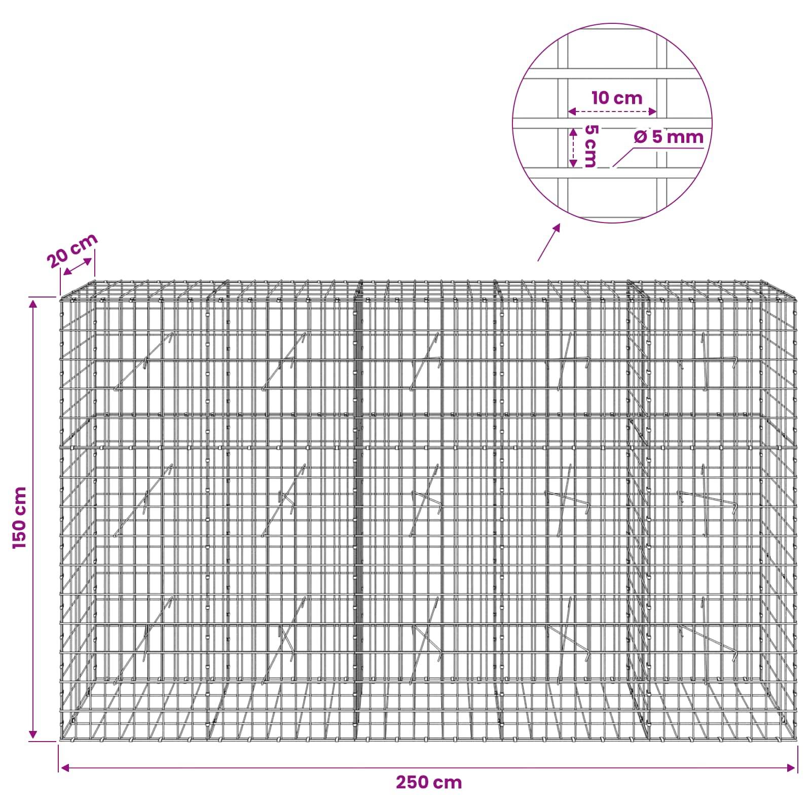 Drahtgeflecht-Gabionenkörper-Diagramm mit Abmessungen 250 cm breit, 150 cm hoch, 20 cm tief; Ausschnitt zeigt 10 cm Gitterabstand und 5 mm Drahtdurchmesser.