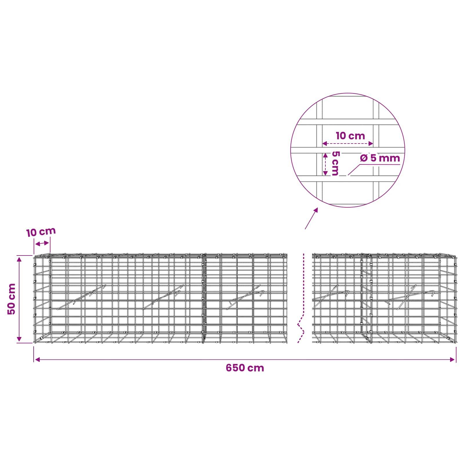 Technische Zeichnung zweier Bewehrungsmattenpaneele, jeweils 50 cm hoch und 650 cm lang, mit 10 cm Abstand und Ø5 mm Draht in detaillierter Vergrößerung dargestellt.