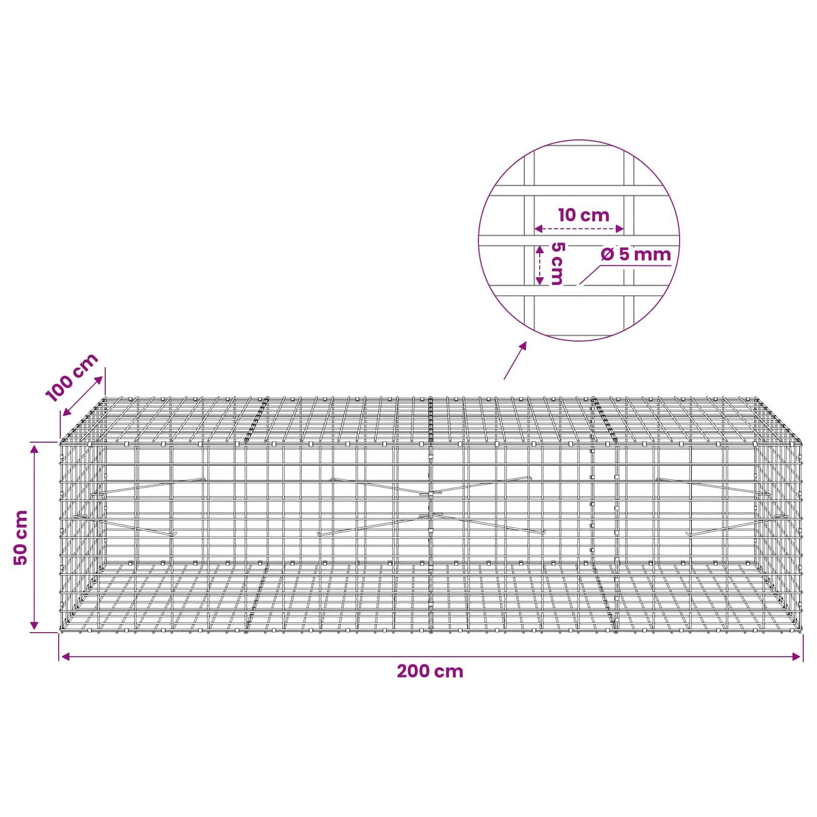 Diagramm eines Drahtgeflecht-Gabionenkörbs mit den Maßen: 200 cm Länge, 100 cm Breite, 50 cm Höhe, rechteckiger Käfig mit 10 cm x 5 cm Maschenweite und 5 mm Drahtdurchmesser.