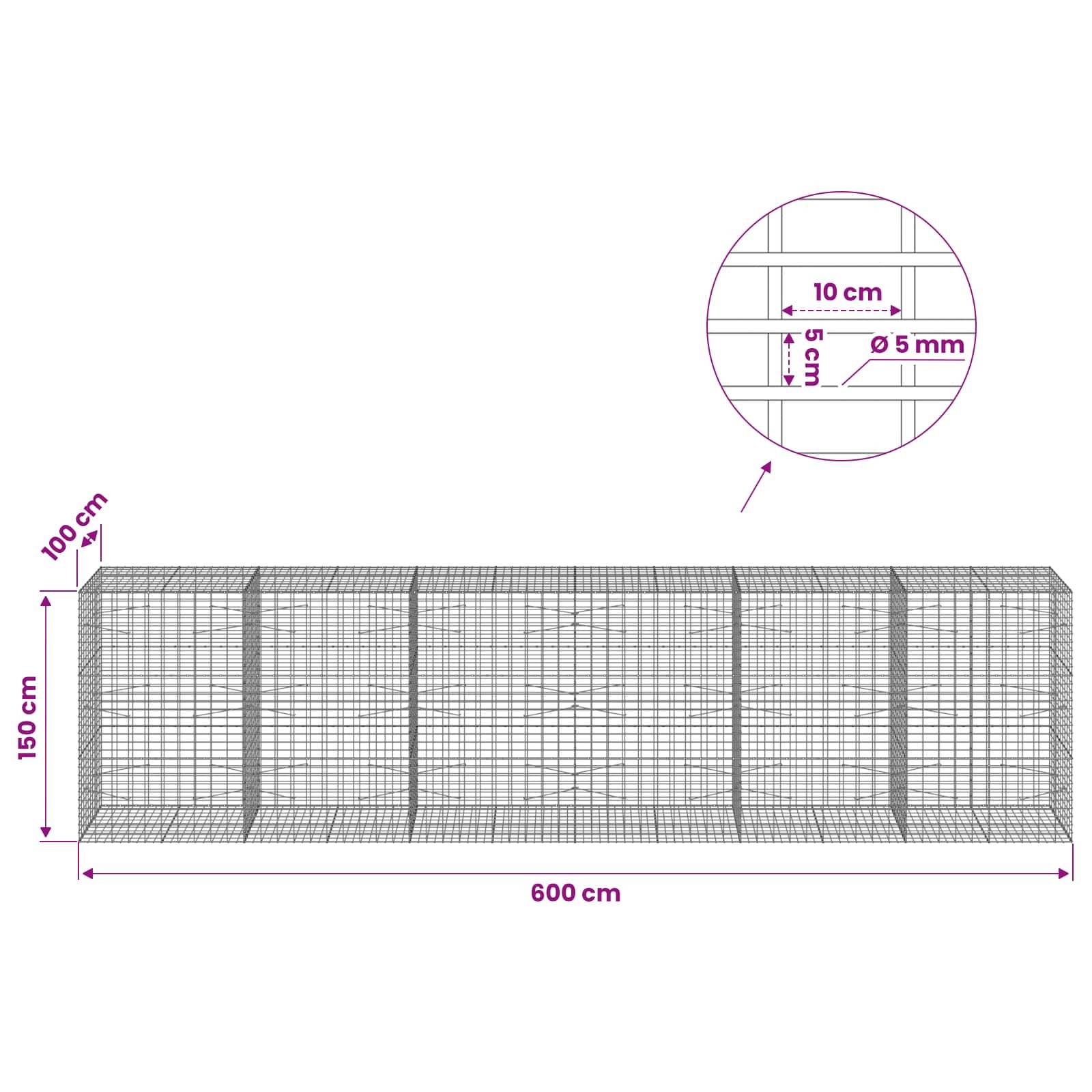 Drahtgitterkäfig-Diagramm mit Abmessungen: 600 cm lang, 150 cm hoch, 100 cm tief, mit 10 cm Maschenweite und 5 mm Drahtdicke.