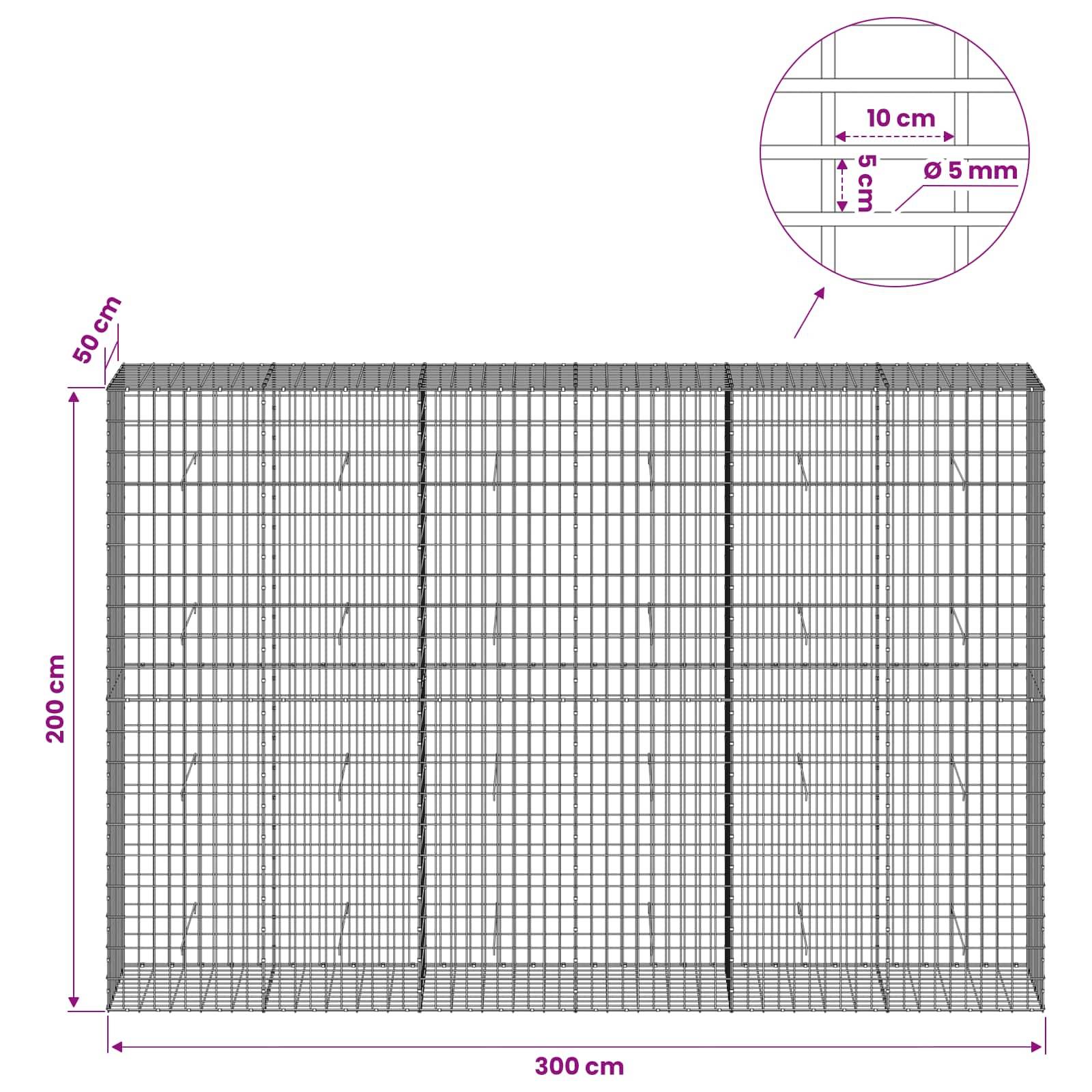 Drahtgeflecht-Panel-Diagramm mit Abmessungen: 300 cm breit, 200 cm hoch, 50 cm tief, mit 10 cm × 5 cm Maschenöffnungen und 5 mm Drahtdurchmesser.