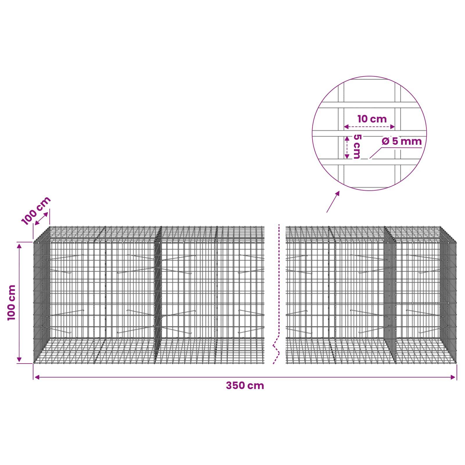 Drahtgeflecht-Gabionenwand-Diagramm mit zwei verbundenen 100 cm Würfeln, Gesamtlänge 350 cm, mit 10 cm Rasterabstand und 5 mm Drahtdurchmesser.