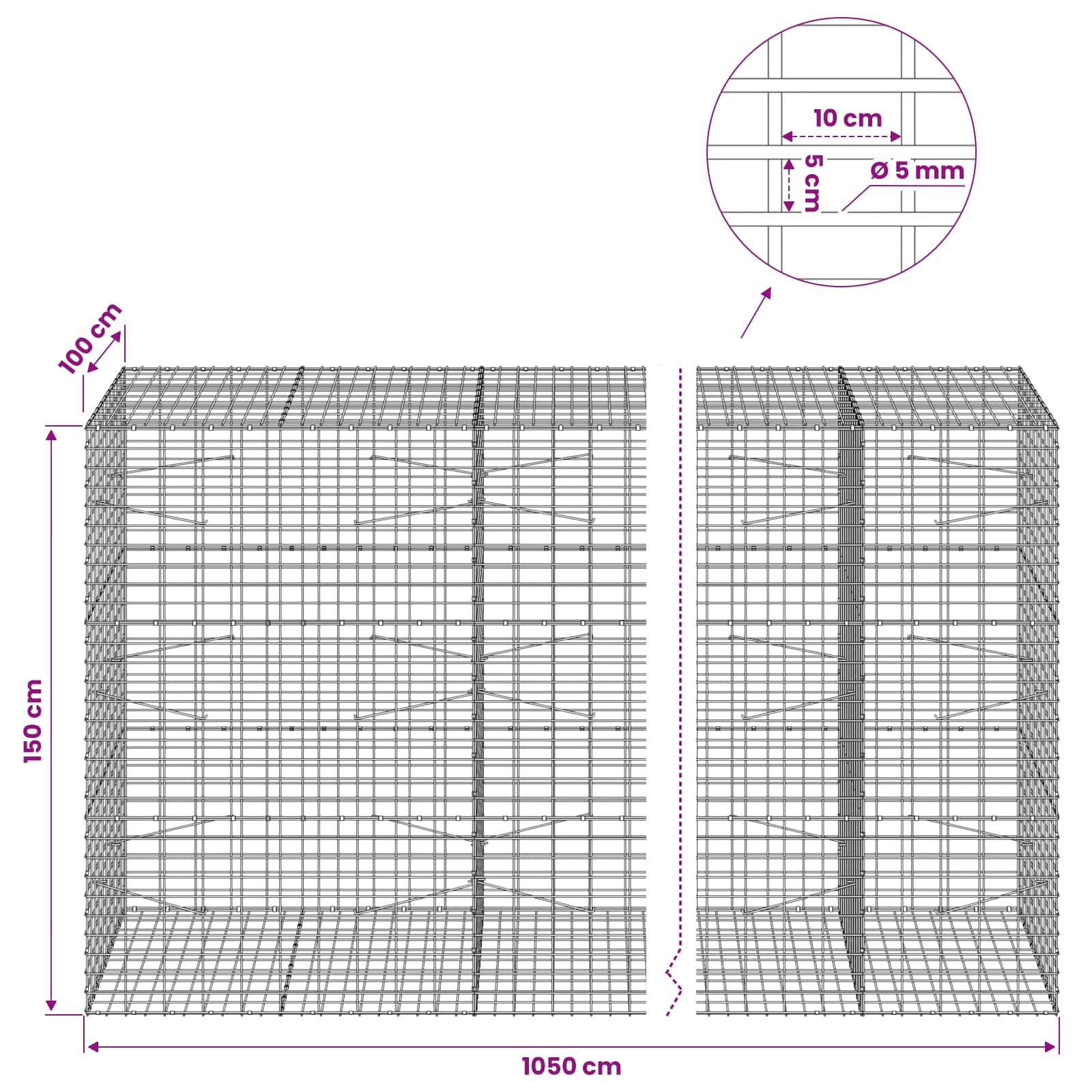 Technisches Diagramm einer Drahtgitter-Schüttkorbbox, beschriftet 1050 cm breit, 150 cm hoch und 100 cm tief, mit Ausschnitt zeigend 10 cm Abstand und 5 mm Drahtdurchmesser.