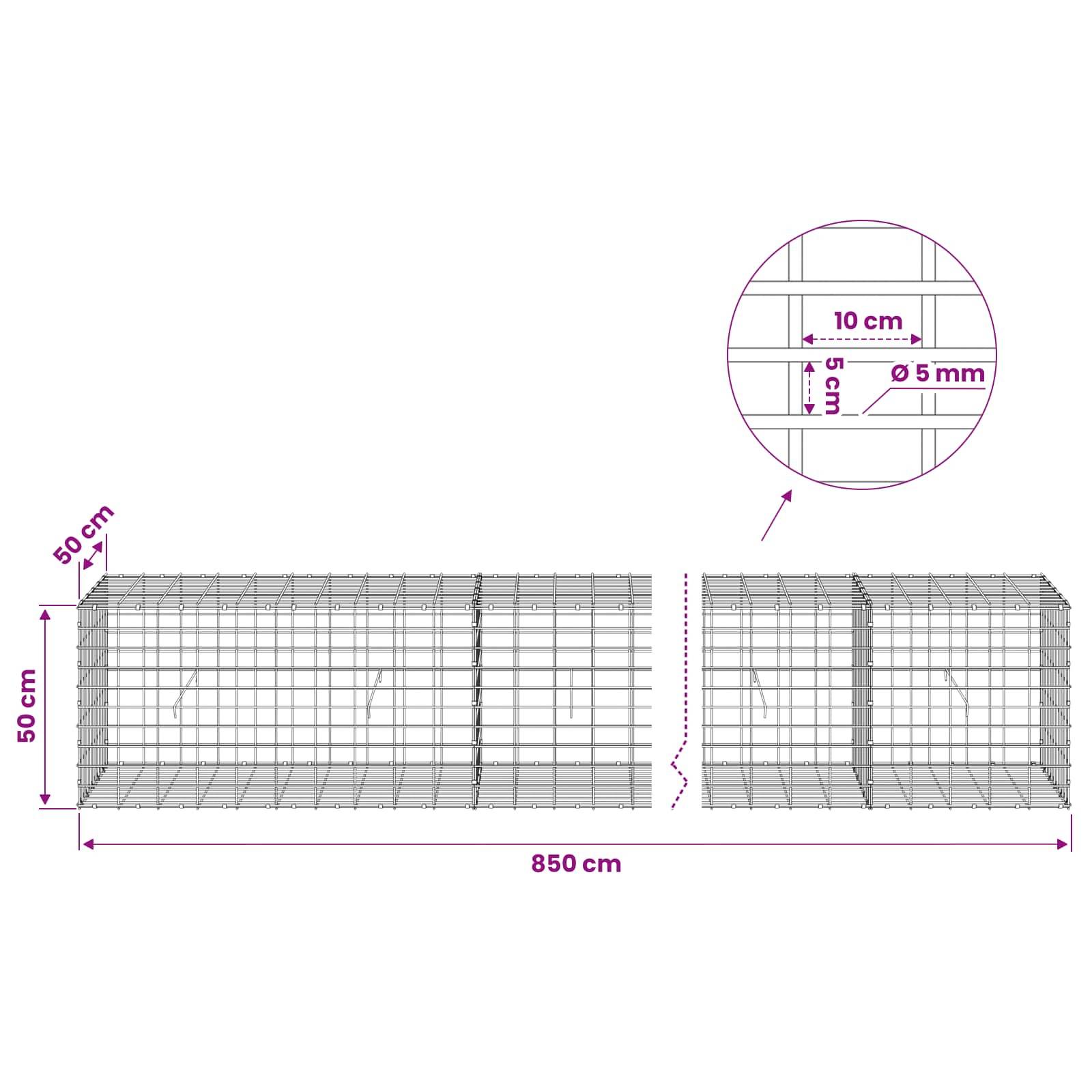 Diagramm von Gabionenkörben: zwei verbundene Drahtmaschenkäfige, je 50 cm hoch und breit, Gesamtlänge 850 cm, mit 10 cm Maschenweite und 5 mm Drahtdurchmesser.