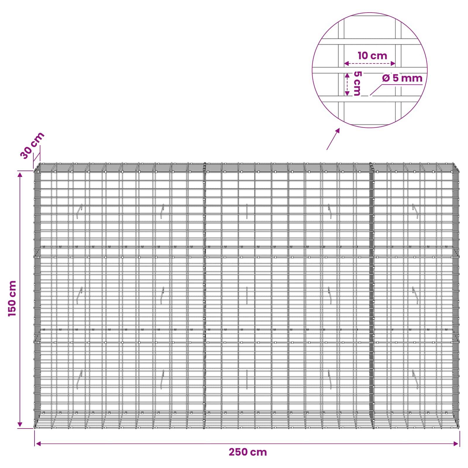Drahtgitterpaneel-Diagramm mit Abmessungen: 250 cm breit, 150 cm hoch, 30 cm tief; Detailansicht zeigt 10 cm Abstände und 5 mm Drahtdurchmesser.
