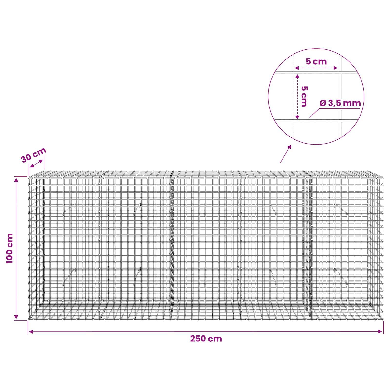 Drahtgitter-Gabionenkörper-Diagramm mit Gesamtabmessungen 250 cm Länge, 100 cm Höhe, 30 cm Tiefe, mit 5 cm Maschenweite und 3,5 mm Drahtdurchmesser.