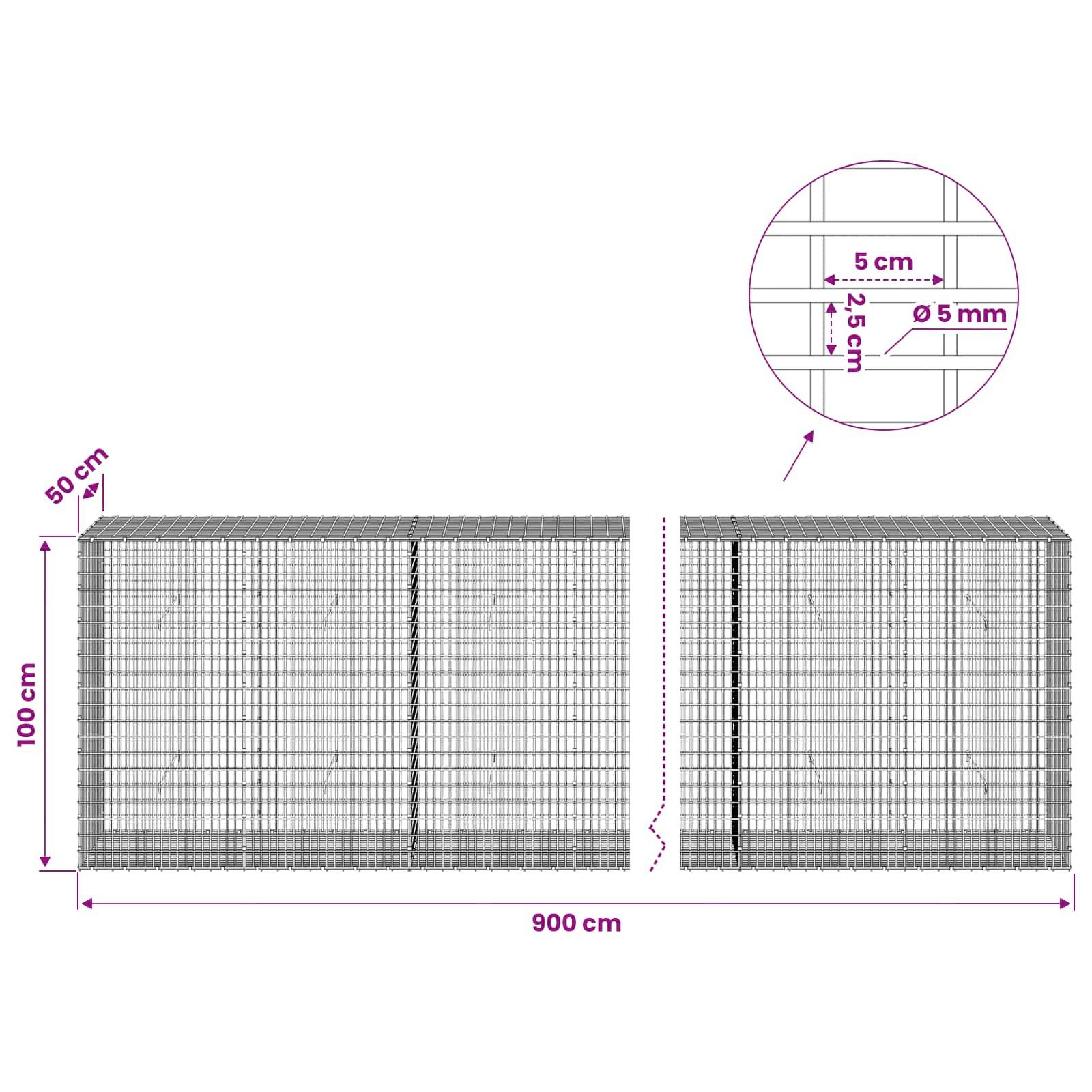Diagramm zweier Maschendrahtzaunpaneele mit einer Gesamtbreite von 900 cm und einer Höhe von 100 cm, mit 50 cm Tiefe; die Vergrößerung zeigt einen Maschenabstand von 5 cm und einen Drahtdurchmesser von 5 mm.