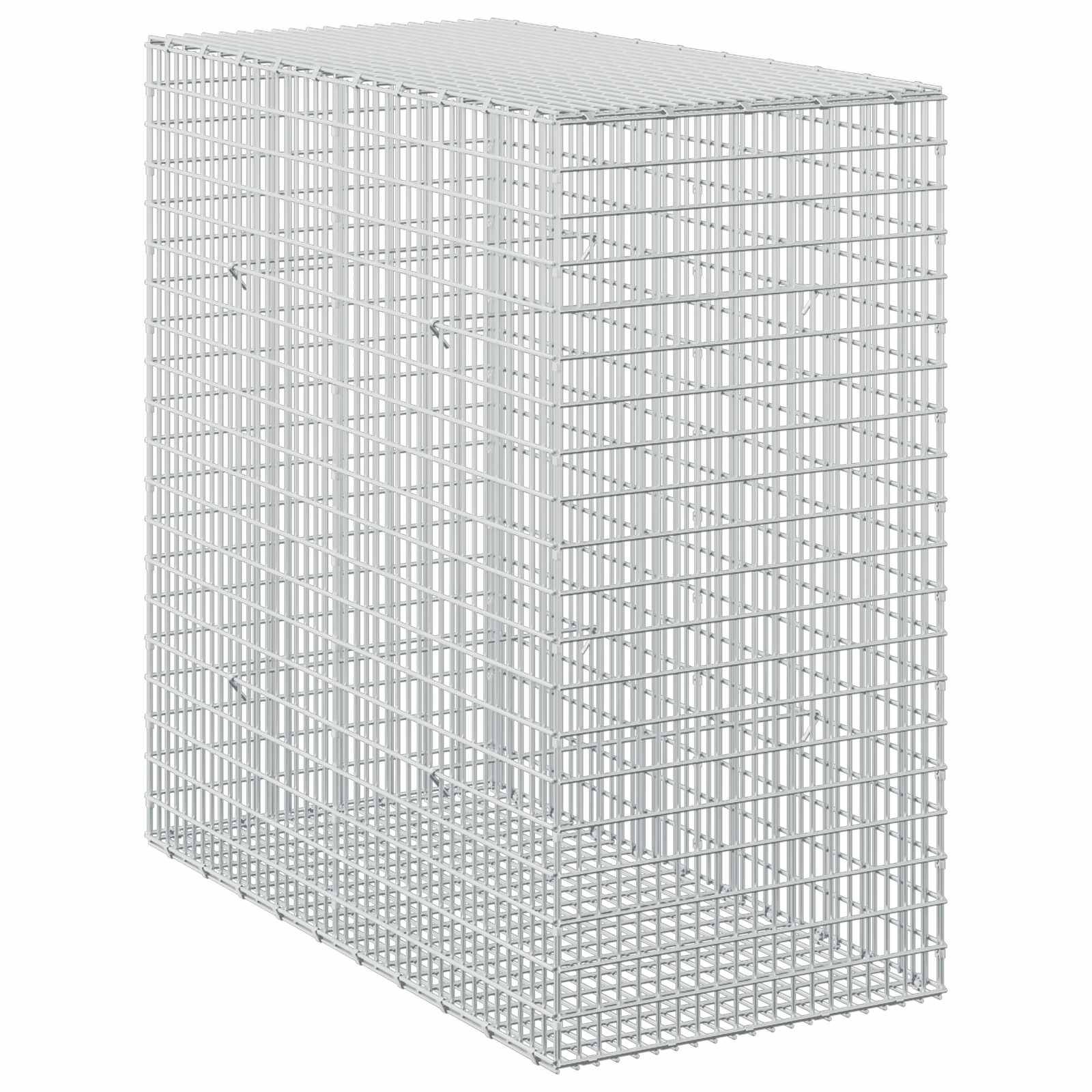 3D-Drahtlagerkorb oder -käfig mit rechteckiger Form, in Perspektive auf weißem Hintergrund dargestellt.