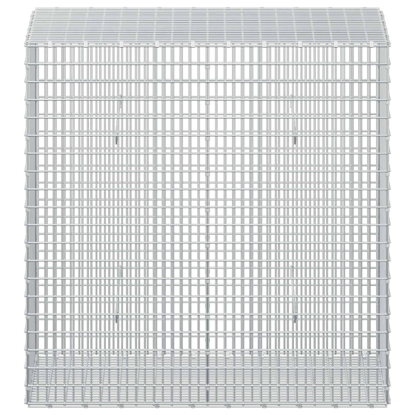 Ein großer Aufbewahrungskäfig oder Korb aus silberfarbenem Metall mit rechteckiger Form und Lattenverschluss oben, gezeigt vor einem einfachen weißen Hintergrund.