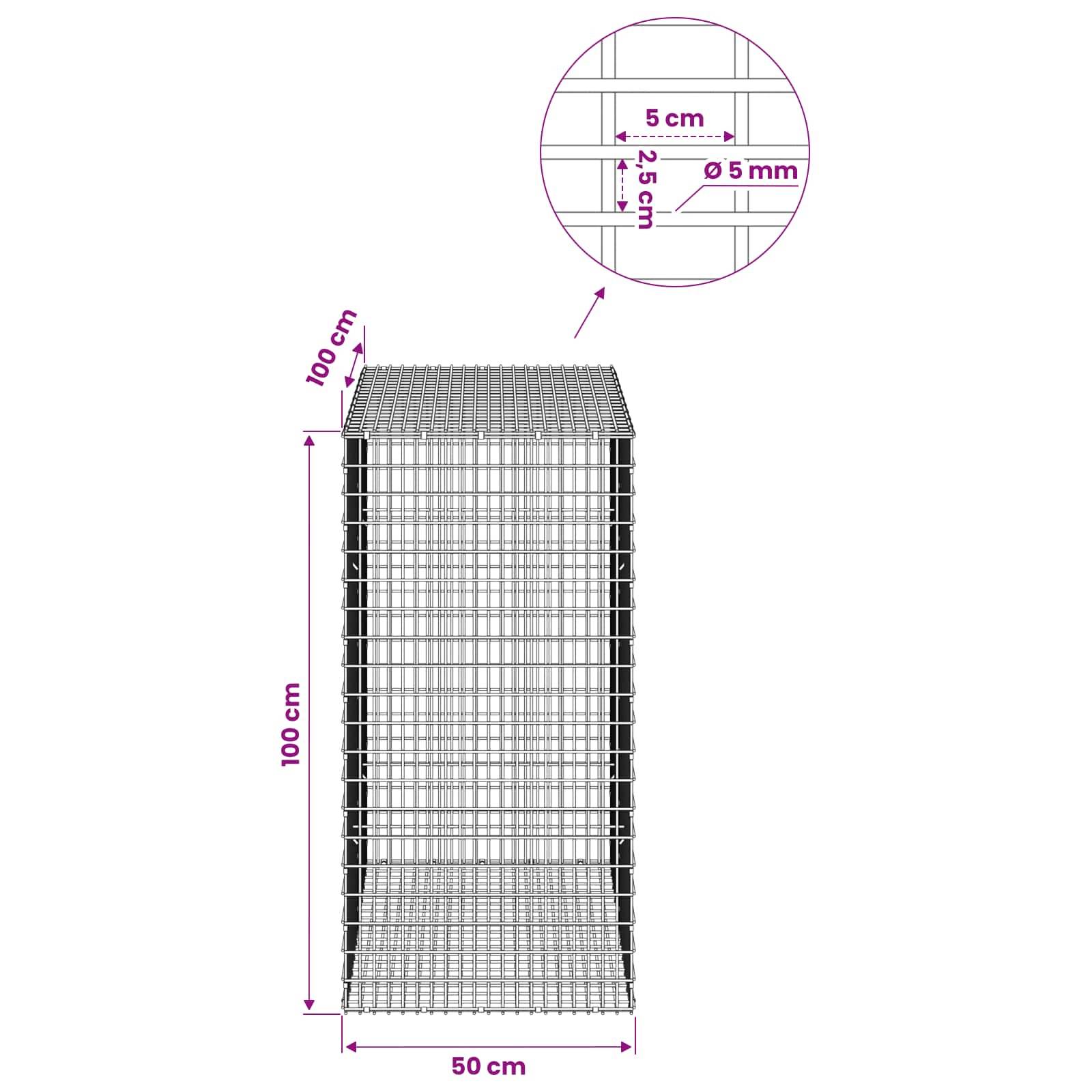Drahtgitter-Gabionenkorbdiagramm zeigt einen rechteckigen Käfig mit einer Höhe von 100 cm und einer Breite von 50 cm, mit Maschenweite 5 cm und Drahtdurchmesser 5 mm.