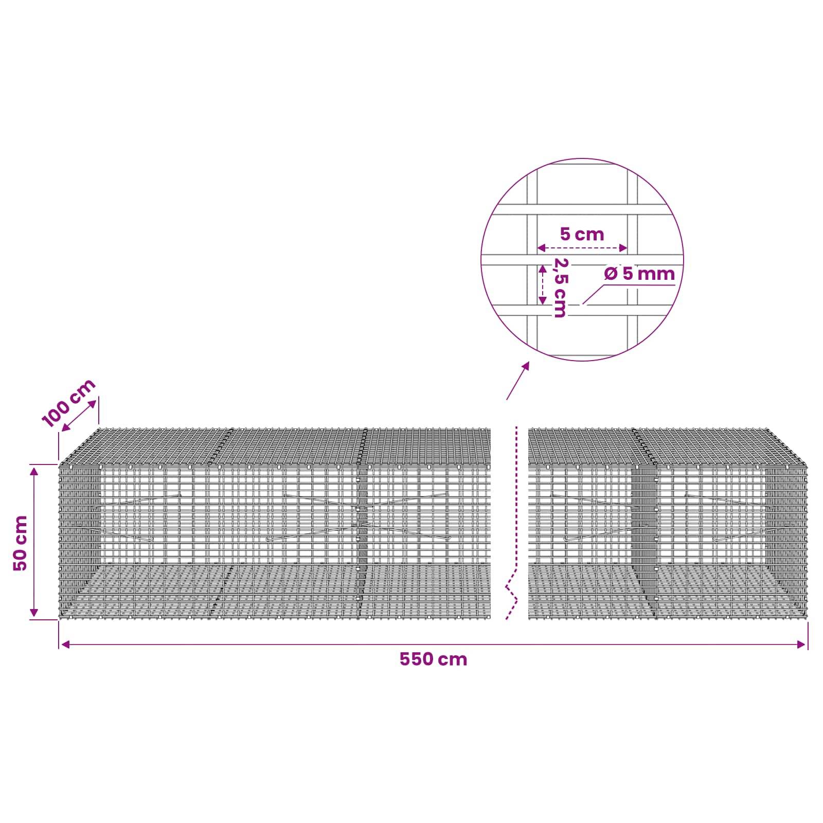 Diagramm von zwei Drahtgeflecht-Gabionenkörben: 550 cm lang, 50 cm hoch, 100 cm tief, mit 5 cm x 2,5 cm Maschenweite aus 5 mm Draht.