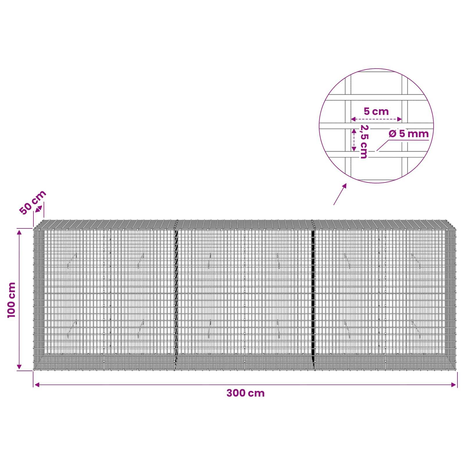Technisches Diagramm eines Metallmaschengewebepanels, 300 cm lang, 100 cm hoch und 50 cm tief, mit einer Detailzeichnung mit 5 cm Maschenabstand und 5 mm Drahtdurchmesser.