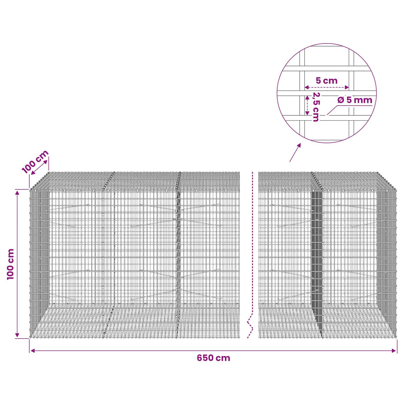 Drahtgitter-Gabionenmauer-Diagramm mit zwei 100 cm hohen Abschnitten und einer Gesamtlänge von 650 cm, mit 5 cm x 2,5 cm Maschenmitte und 5 mm Draht.