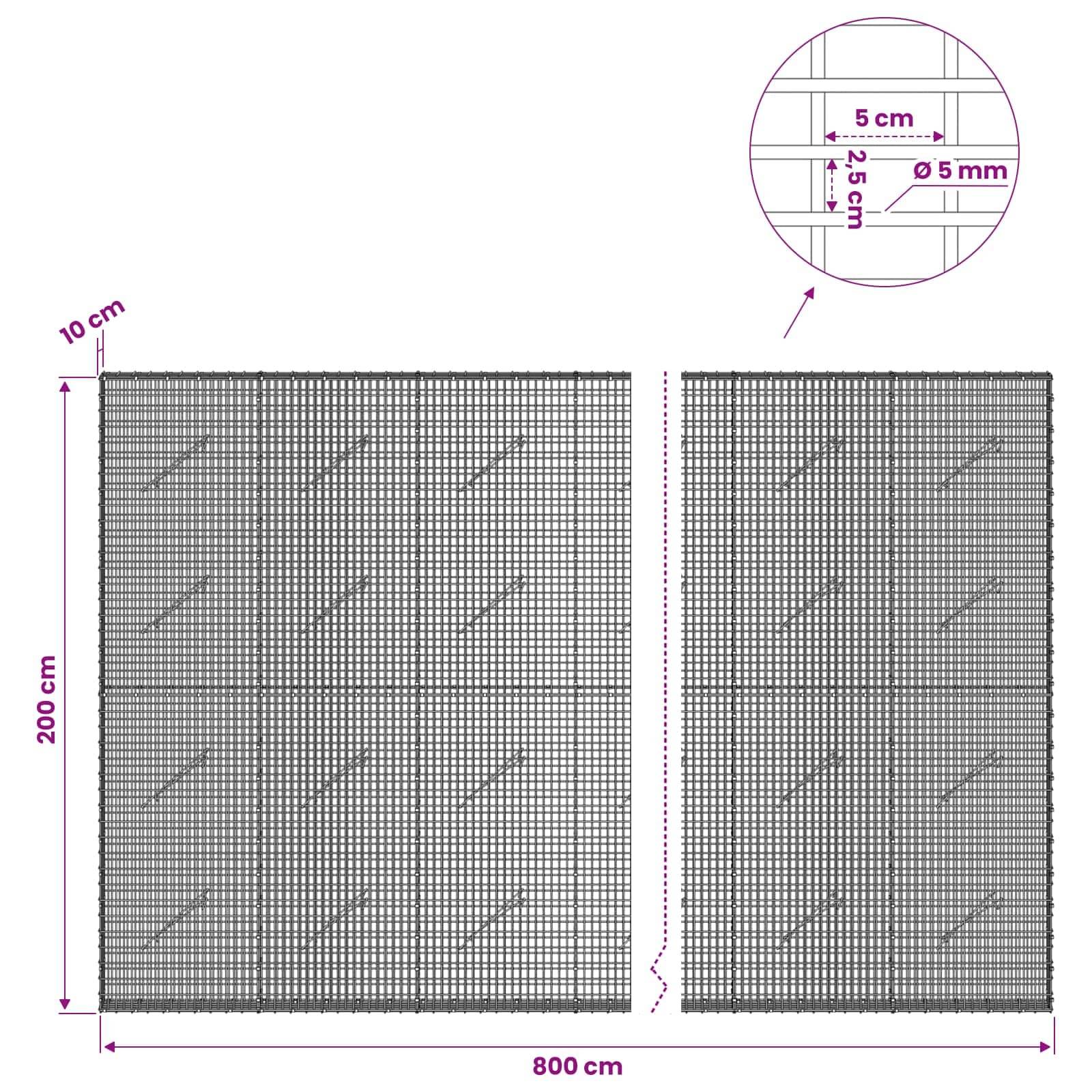 Technische Zeichnung einer Drahtgeflecht-Platte, die zwei verbundene Abschnitte zeigt, insgesamt 800 cm breit und 200 cm hoch, mit 5 cm Abstand und 5 mm Drahtdurchmesser.