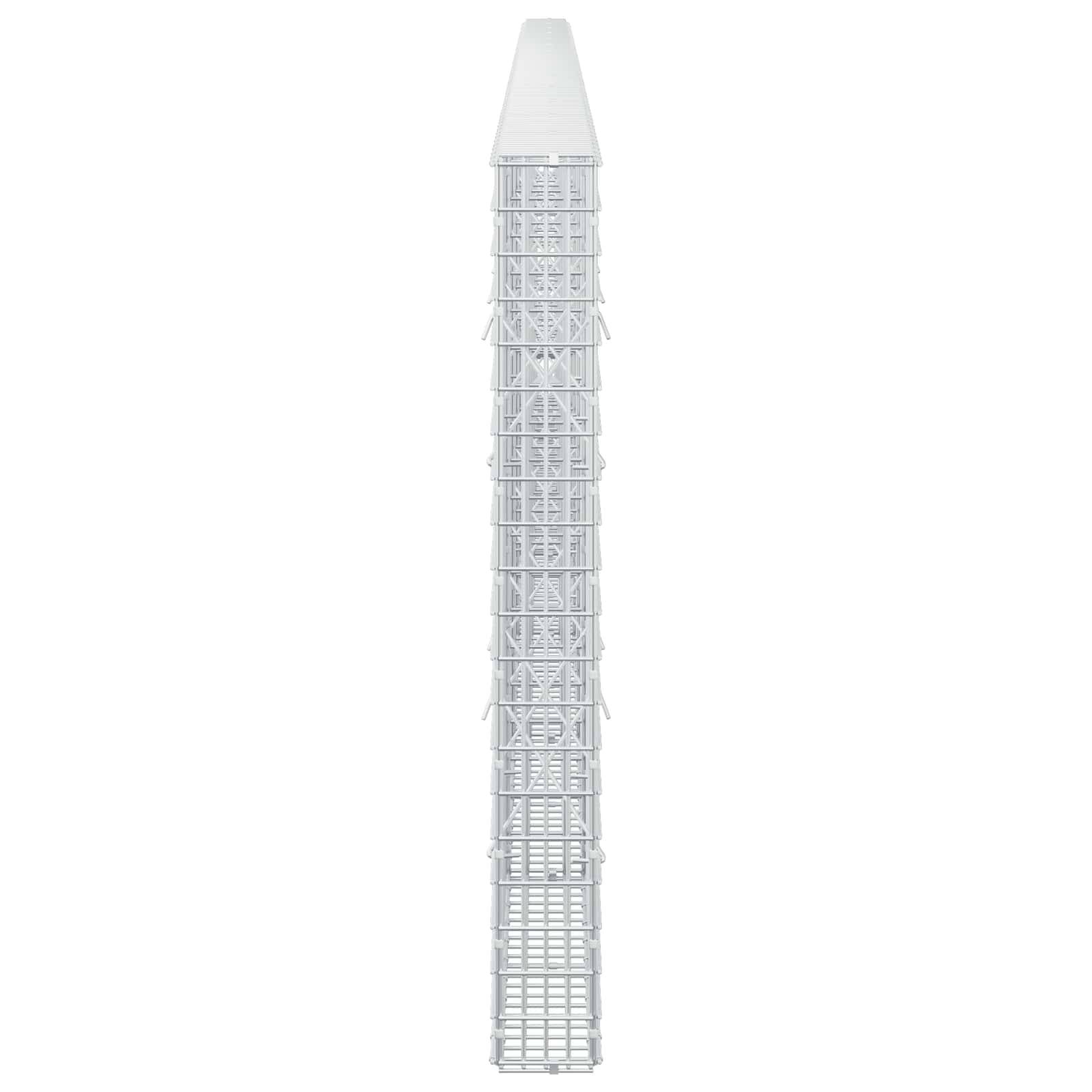 Hoher weißer Gitterturm oder Mast mit verjüngter Spitze, isoliert auf einfachem weißem Hintergrund dargestellt.