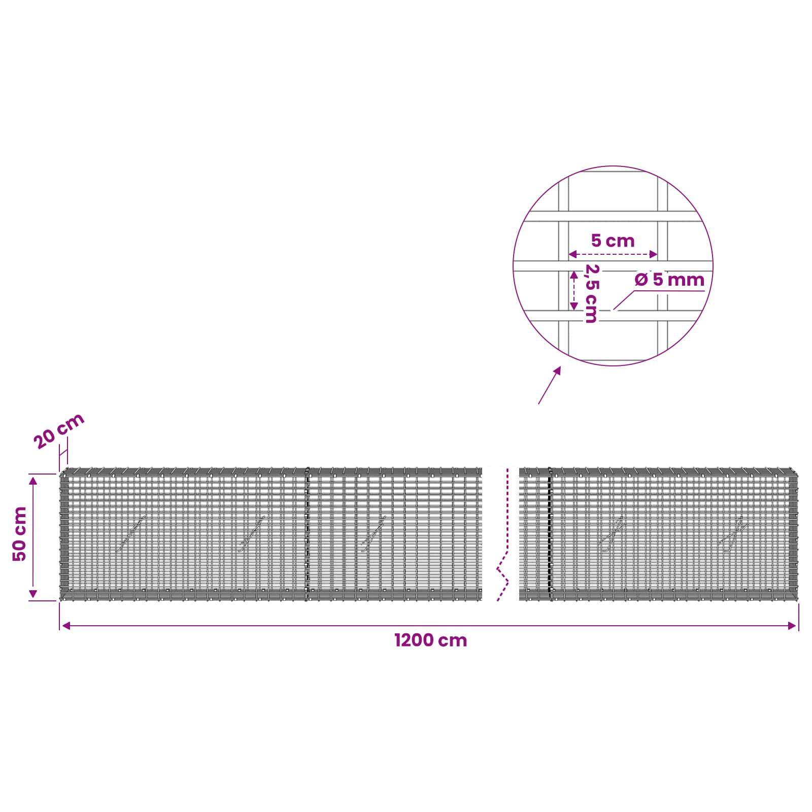 Maschendrahtzaun-Diagramm mit 1200 cm Länge und 50 cm Höhe, mit 20 cm Überlappung oben und eingefügtem Detail von 5 cm Abstand und 5 mm Drahtdurchmesser.