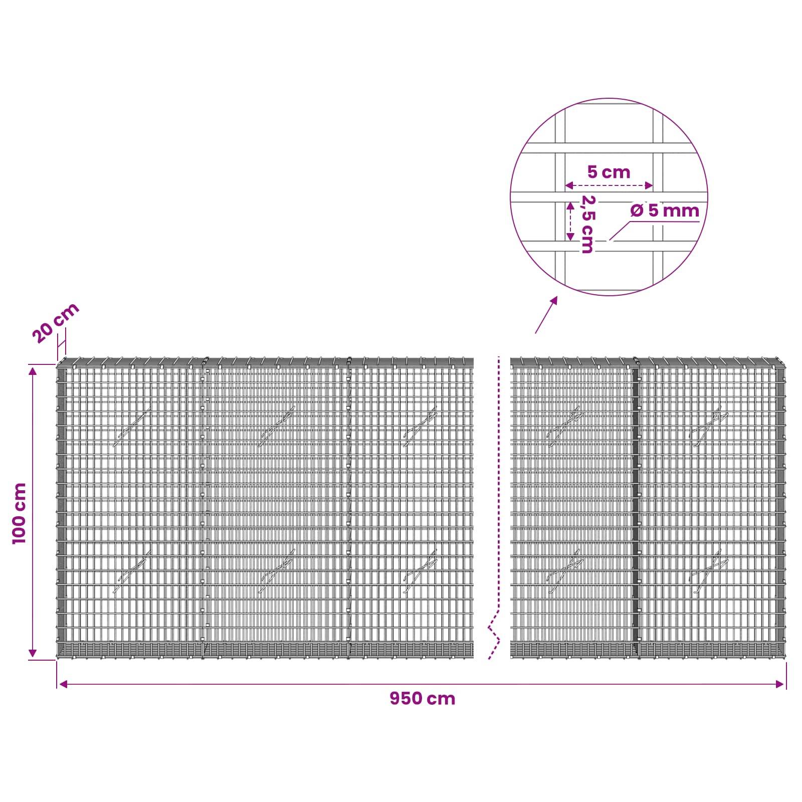 Drahtzaungitterpaneel-Abmessungen wie abgebildet, 950 cm breit und 100 cm hoch, mit 20 cm Tiefe; Detailausschnitt zeigt 5 cm Gitterabstand und 5 mm Drahtdurchmesser.