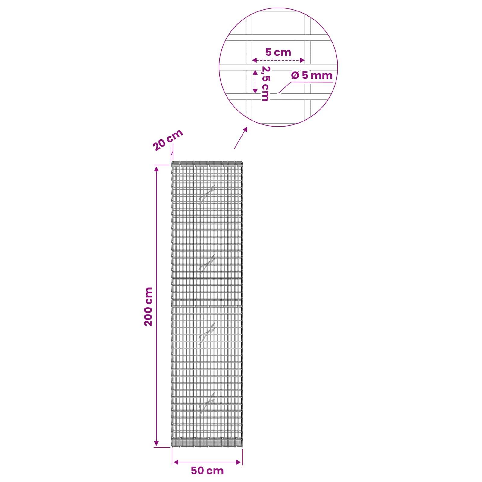 Diagramm eines Drahtgitterpaneels mit einer Höhe von 200 cm, einer Breite von 50 cm und einer Tiefe von 20 cm, mit einer Nahaufnahme, die einen Abstand von 5 cm und einen Drahtdurchmesser von 5 mm zeigt.