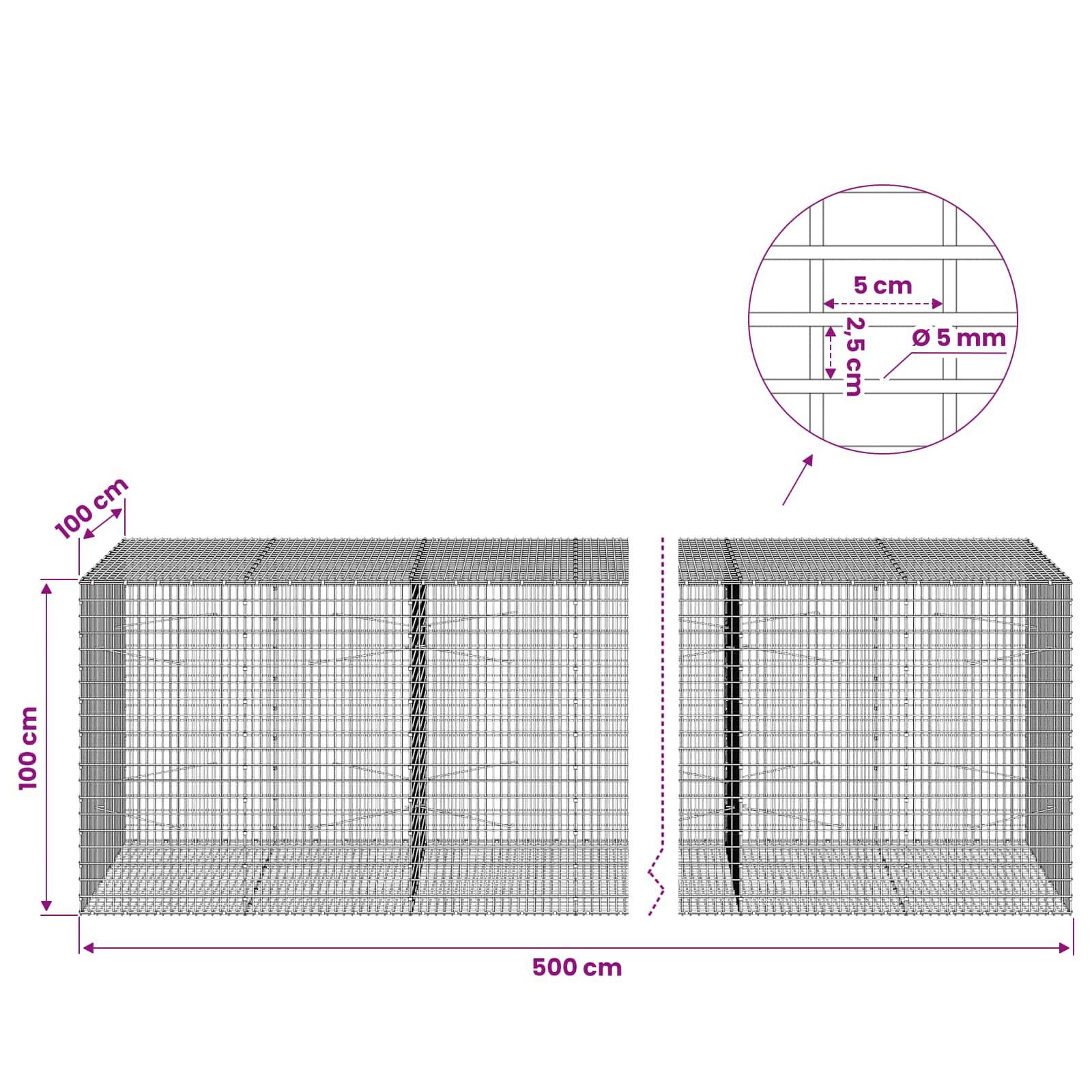 Diagramm von zwei Drahtgitter-Gabionenkörben mit Abmessungen: 100 cm hoch, 100 cm tief, 500 cm lang, mit 5 cm x 2,5 cm Maschenweite und 5 mm Drahtdurchmesser.