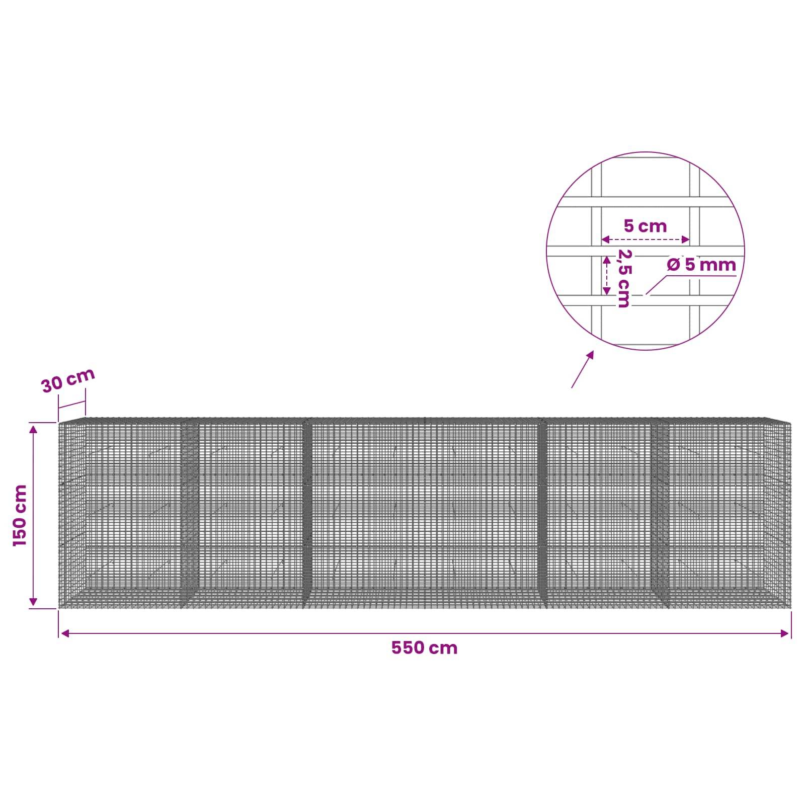 Technische Zeichnung eines langen Drahtgeflecht-Gehäuses mit Gesamtabmessungen von 550 cm Breite, 150 cm Höhe, 30 cm Tiefe, mit Details zum 5 cm Abstand und 2,5 cm Draht mit 5 mm Maschenöffnungen.