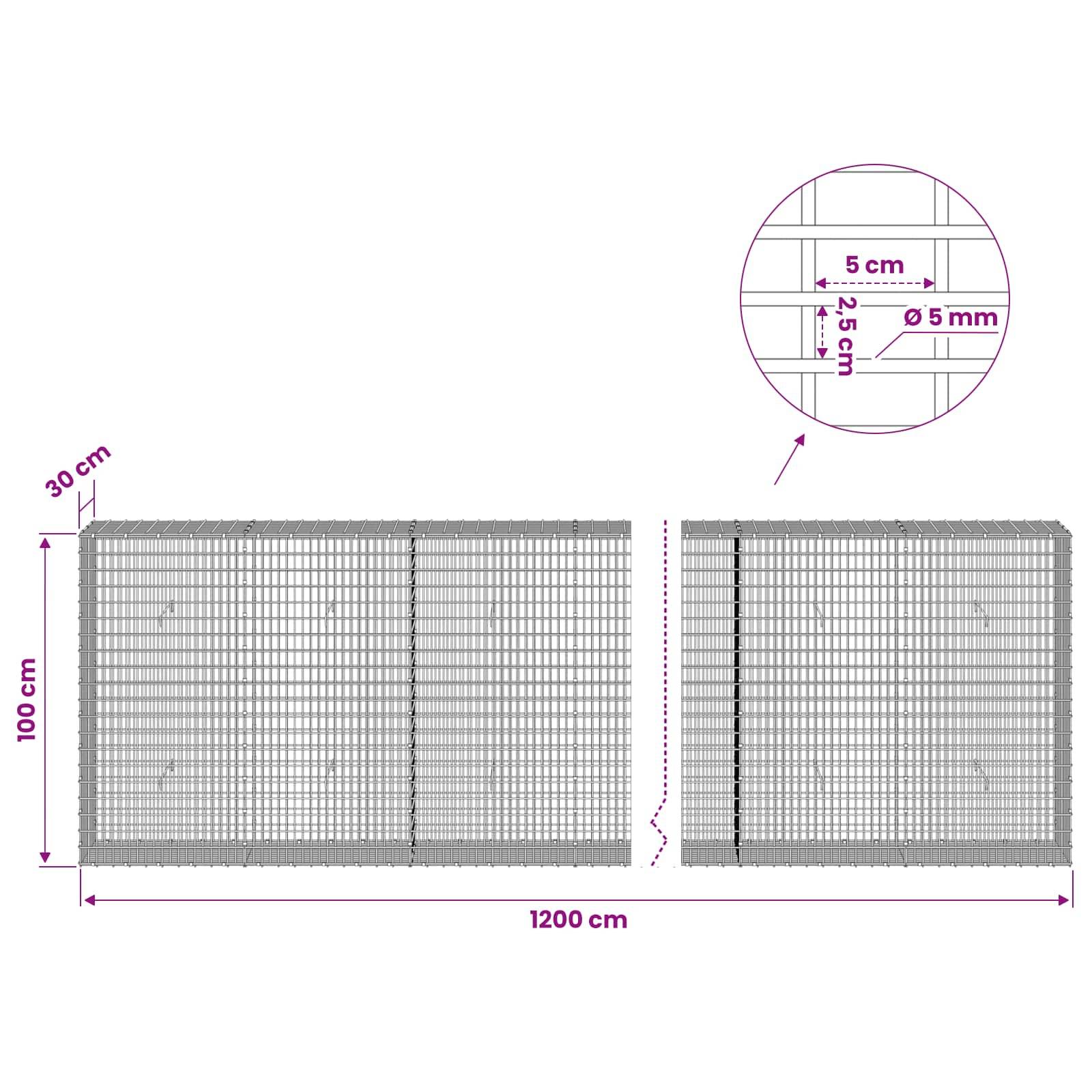 Drahtkistenpaneel-Diagramm mit einem 1200 cm breiten, 100 cm hohen Zaun­abschnitt mit 30 cm Tiefe und 5 mm Draht, plus eine Nahaufnahme des Gitterabstands von 5 cm mal 2,5 cm.