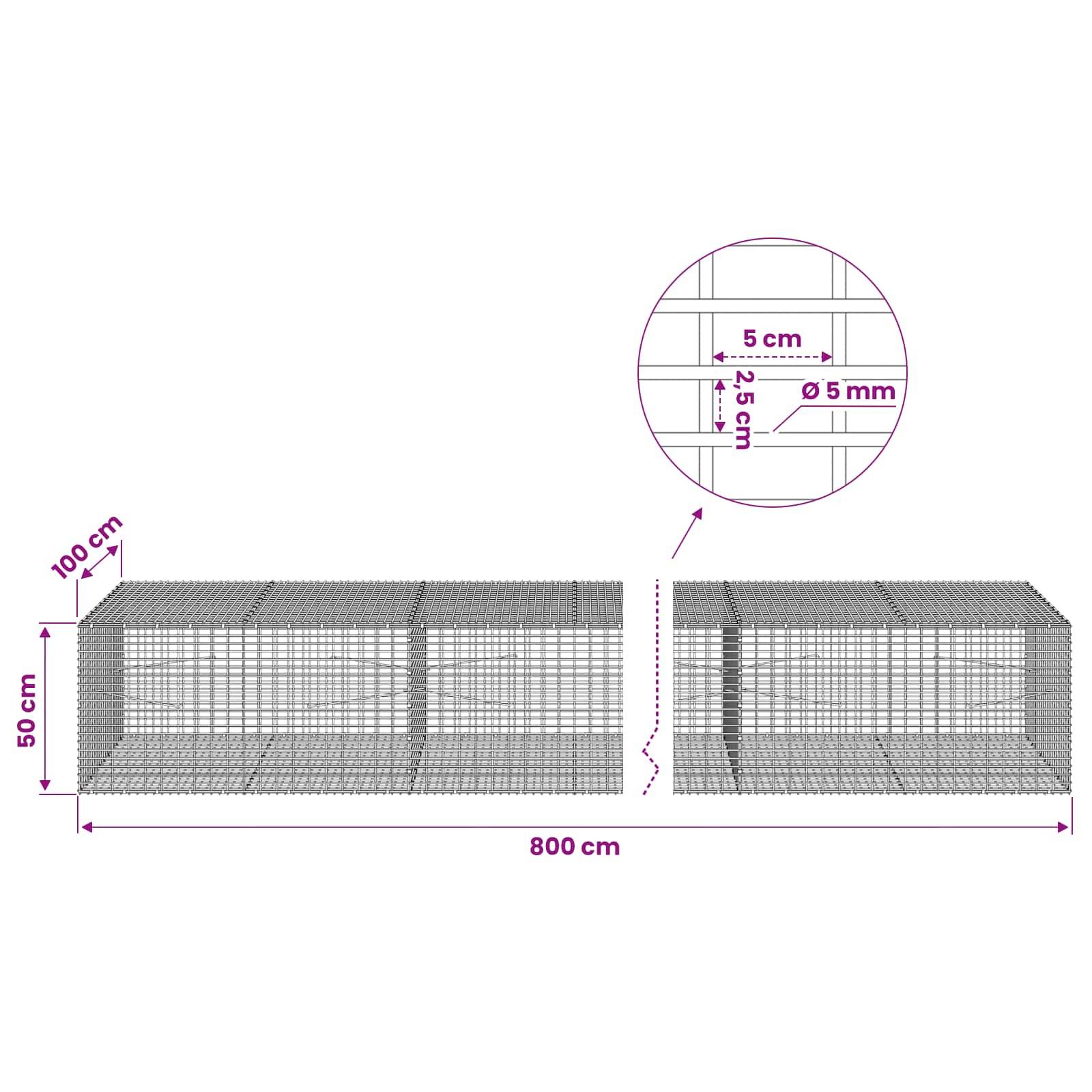 Diagramm von zwei Drahtgitter-Gabionenkörben, jeweils 800 cm lang, 50 cm hoch und 100 cm tief, mit 5 cm Maschenweite und 5 mm Drahtdurchmesser.