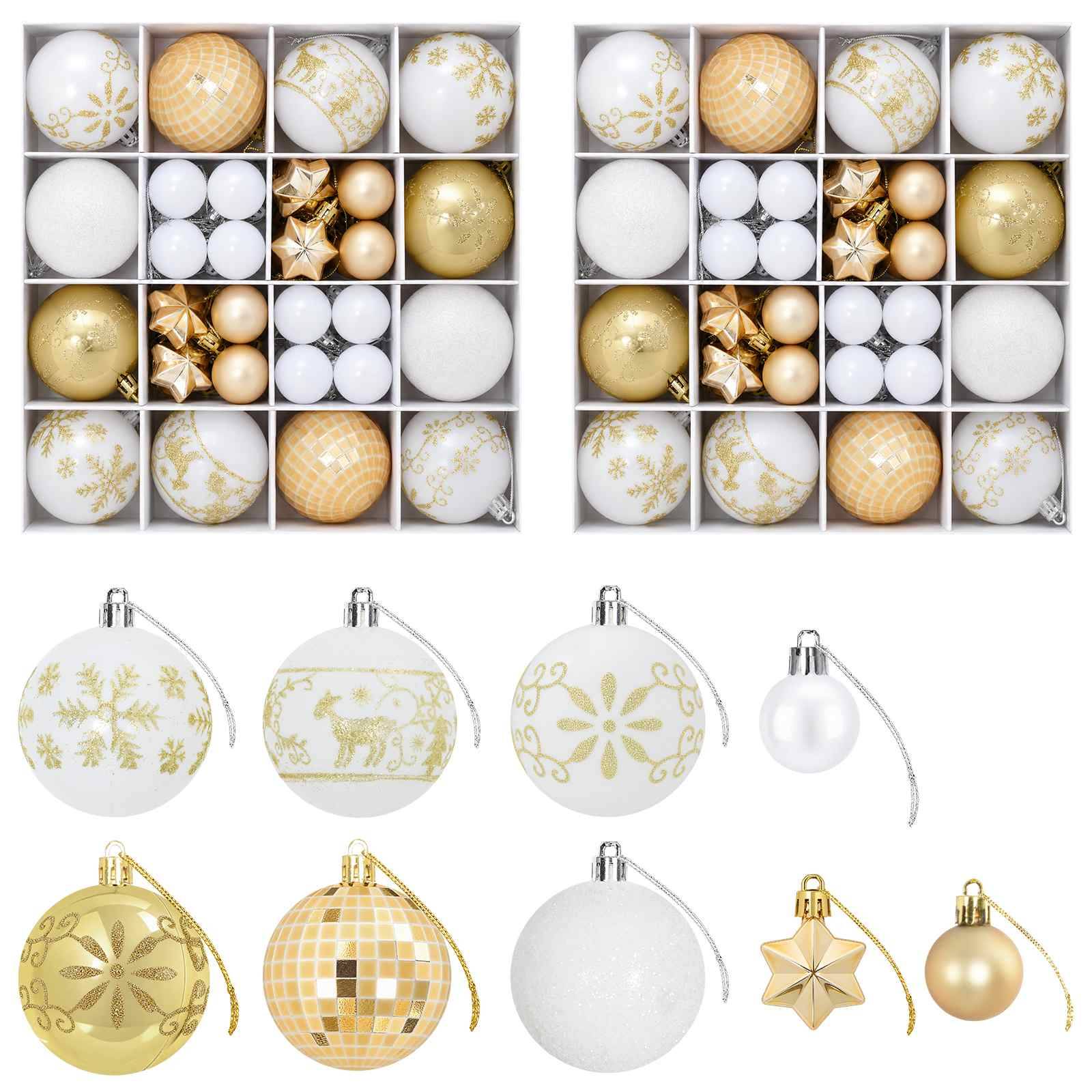 Sortierte Gold-, Weiß- und Silber-Weihnachtskugeln in Aufbewahrungsboxen, einschließlich gemusterter Kugeln, Glitzersterne und hängende Kugeldekorationen.
