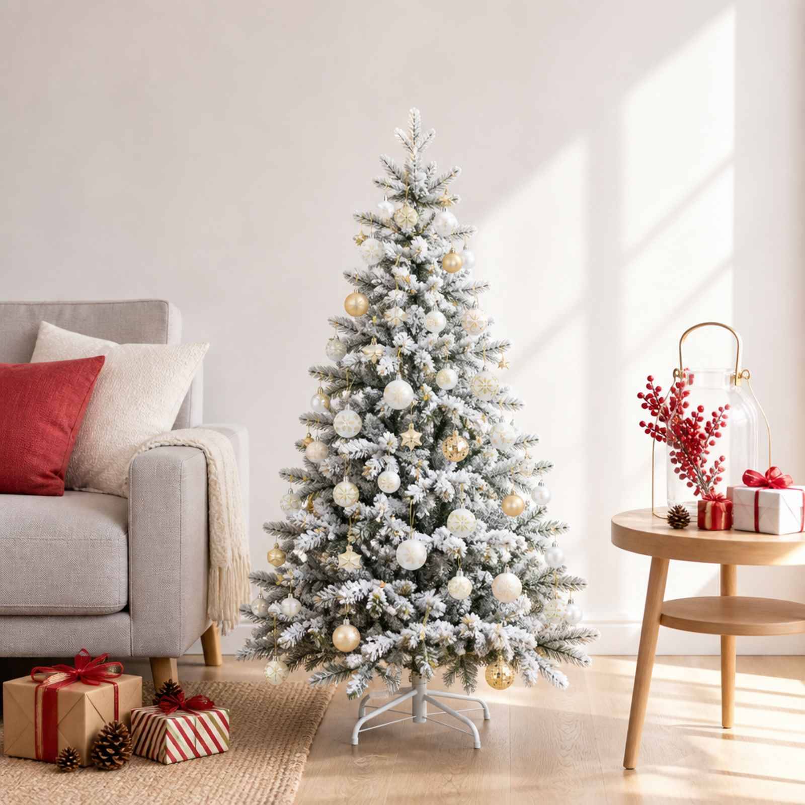 Verzierter gefrosteter Weihnachtsbaum in einem hellen Wohnzimmer mit eingepackten Geschenken neben einem Sofa und einem kleinen Beistelltisch, auf dem weihnachtliche Dekoration steht.