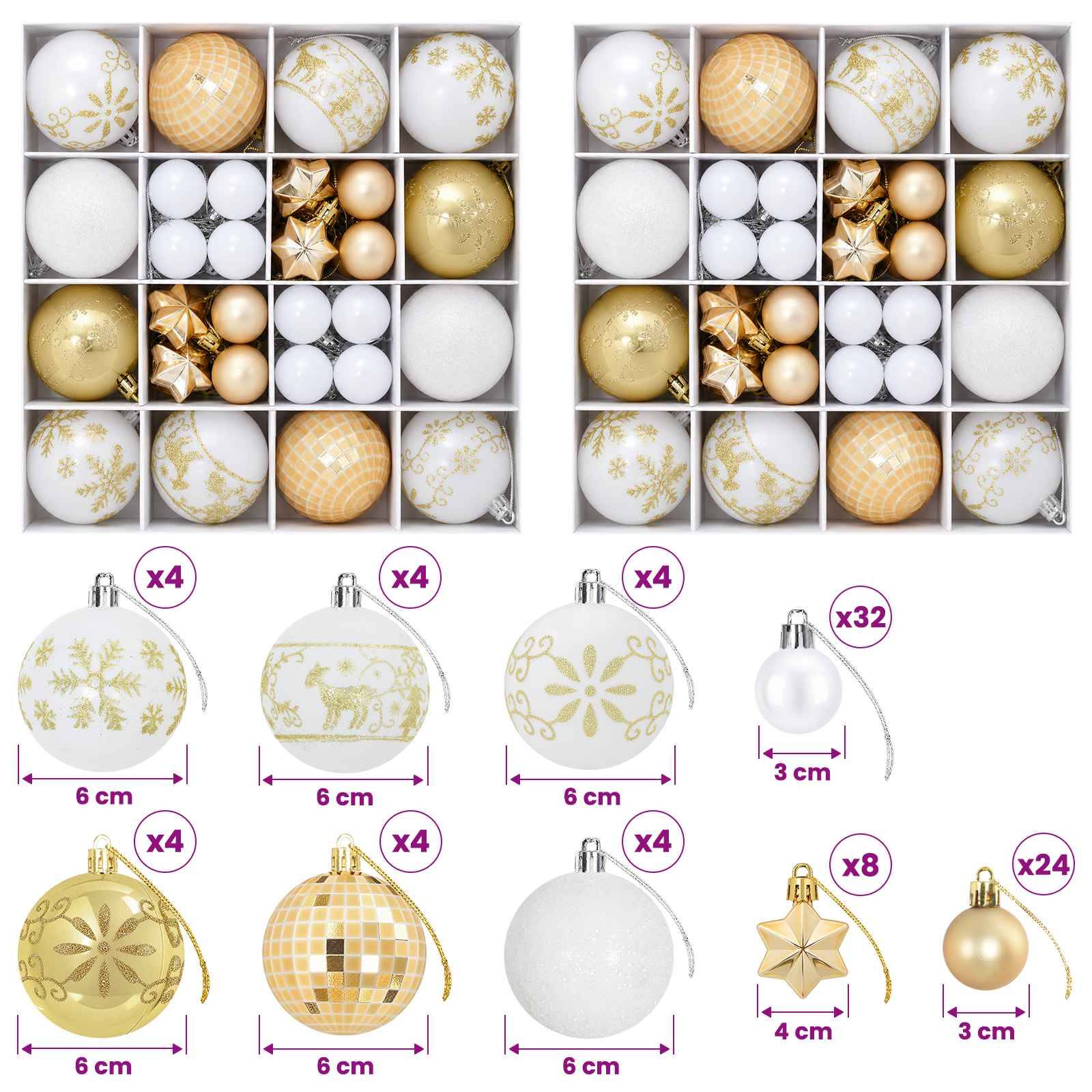 Gold-, weiß- und gemusterte Weihnachtskugeln im Set in einer Box mit Angaben zu Mengen und Größen für 32 kleine und 24 größere Hängdekorationen.